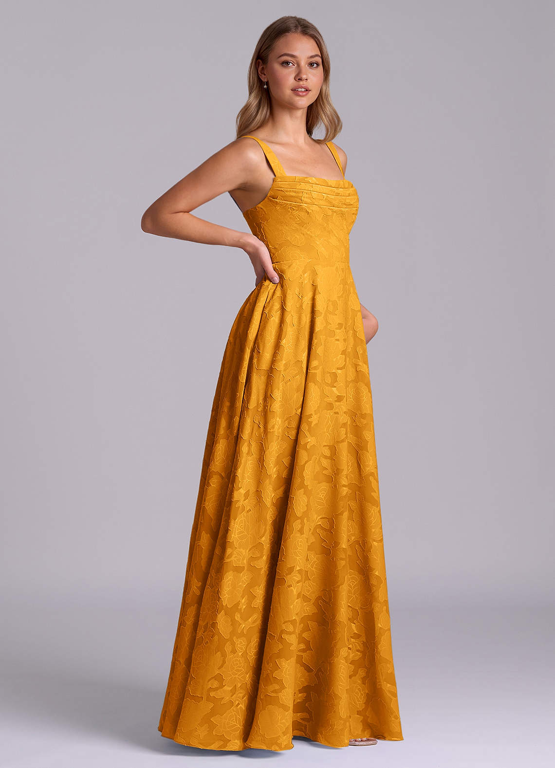 Azazie A-Line Square Neck Floor-Length Floral Burnout Bridesmaid Dresses - Butterscotch