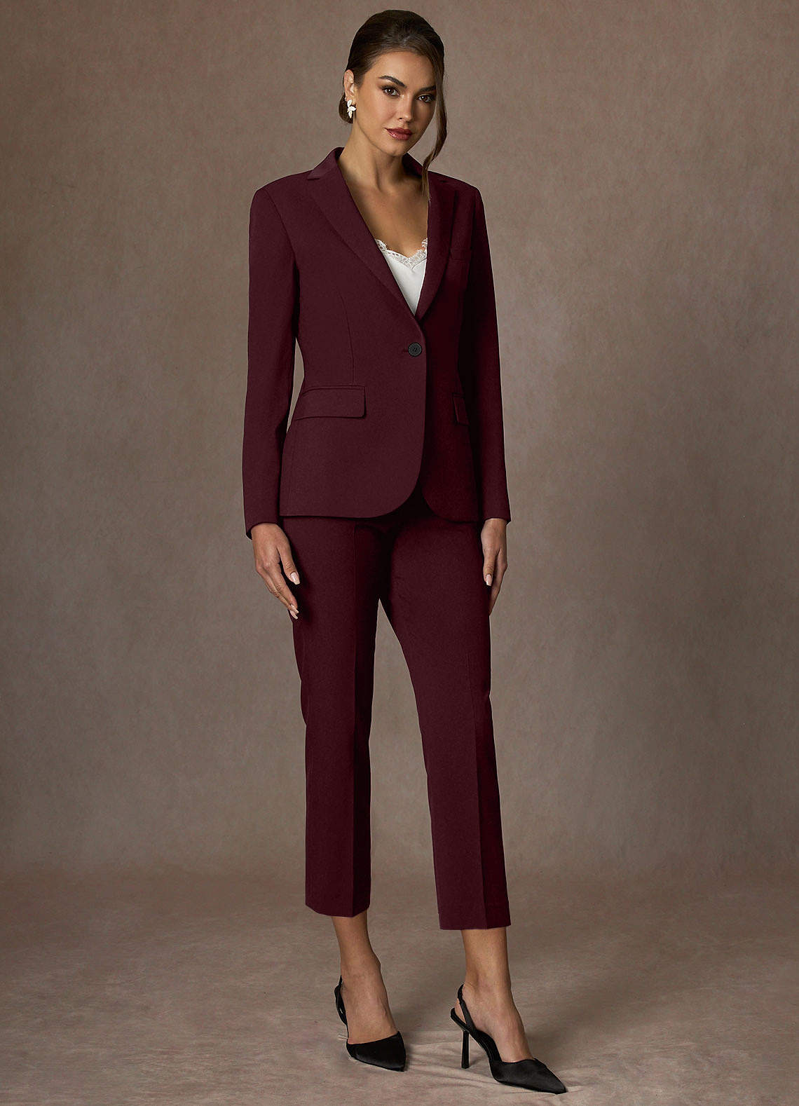 front Kennedy Cabernet Structured Stretch Pants Suit