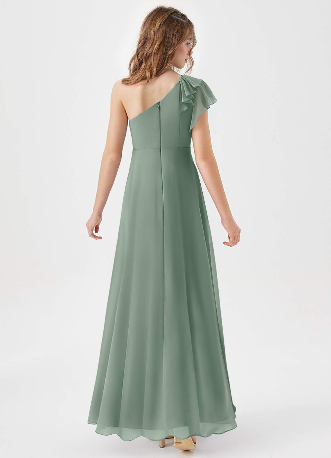 Azazie Arabella Junior Vestido Sálvia Prateada de Chiffon de Linha A com Franzido image5