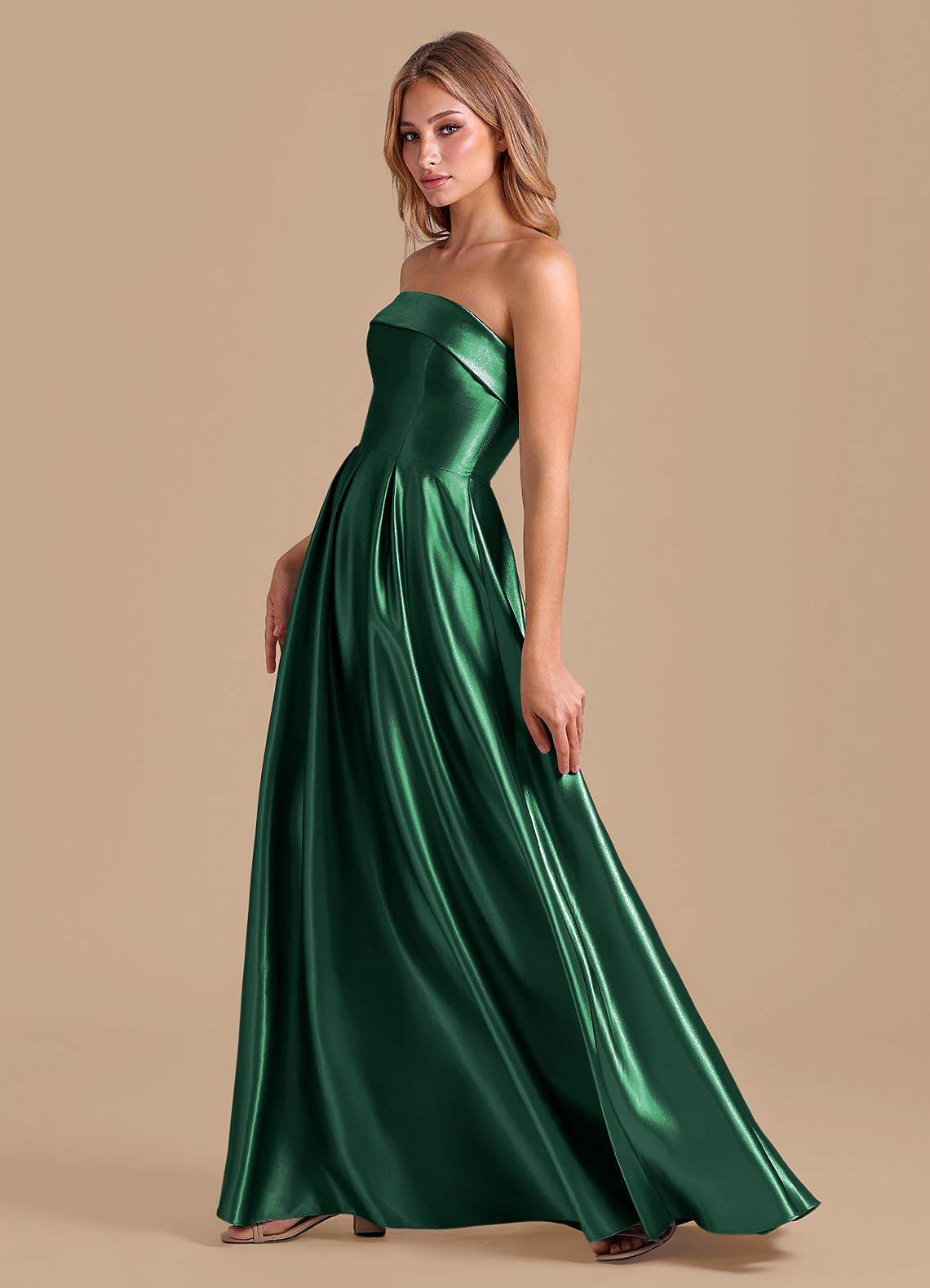 Azazie A-Line Straight Floor-Length Metallic Satin Bridesmaid Dresses - Dark Green
