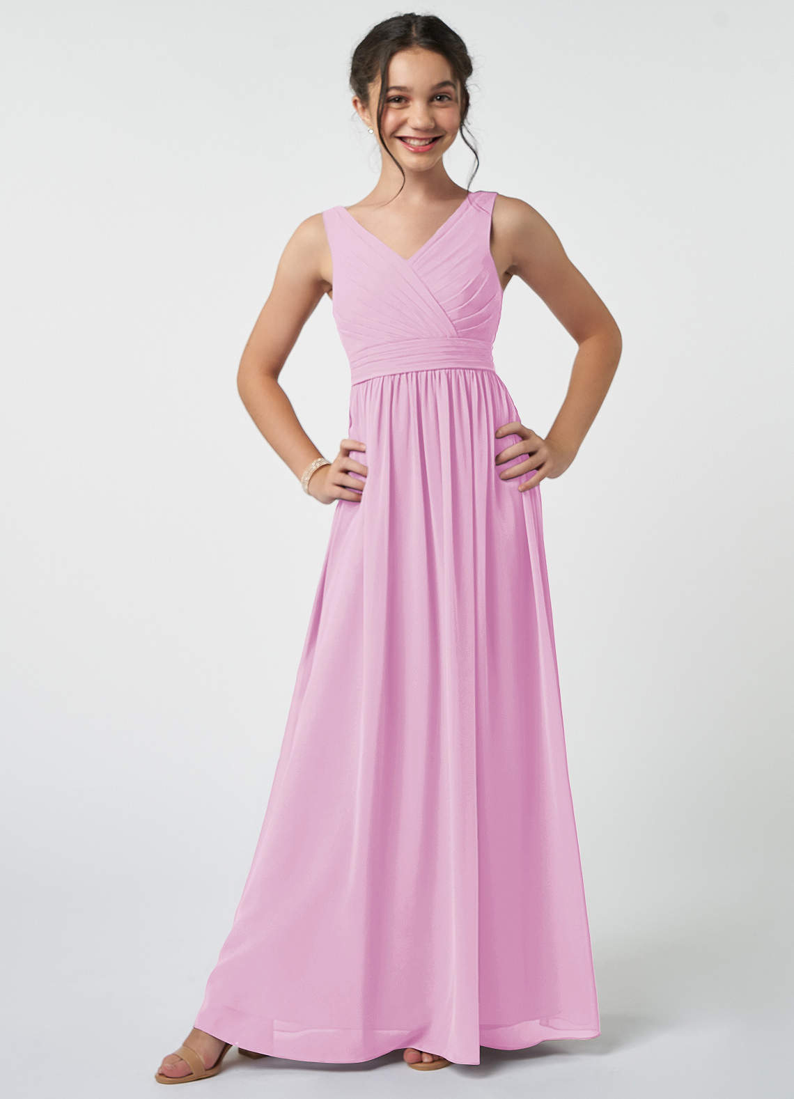 Azazie Kora Junior Vestido de Rosa Caramelo de Gasa de Corte en A con Plisado image1