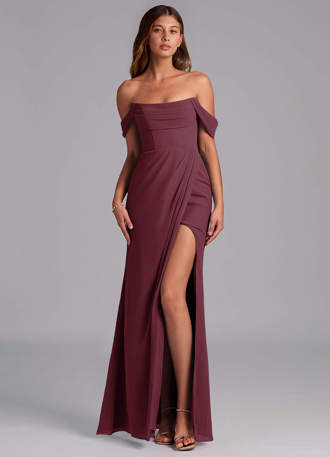 Azazie Johana Bridesmaid Dresses Cabernet Mermaid Off the Shoulder Chiffon Convertible Dress image1
