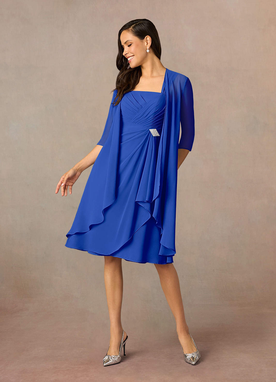 Azazie Olivia Kleider für die Brautmutter A-Linie Quadratischer Ausschnitt Gefaltet Chiffon Kleid Königsblau image1