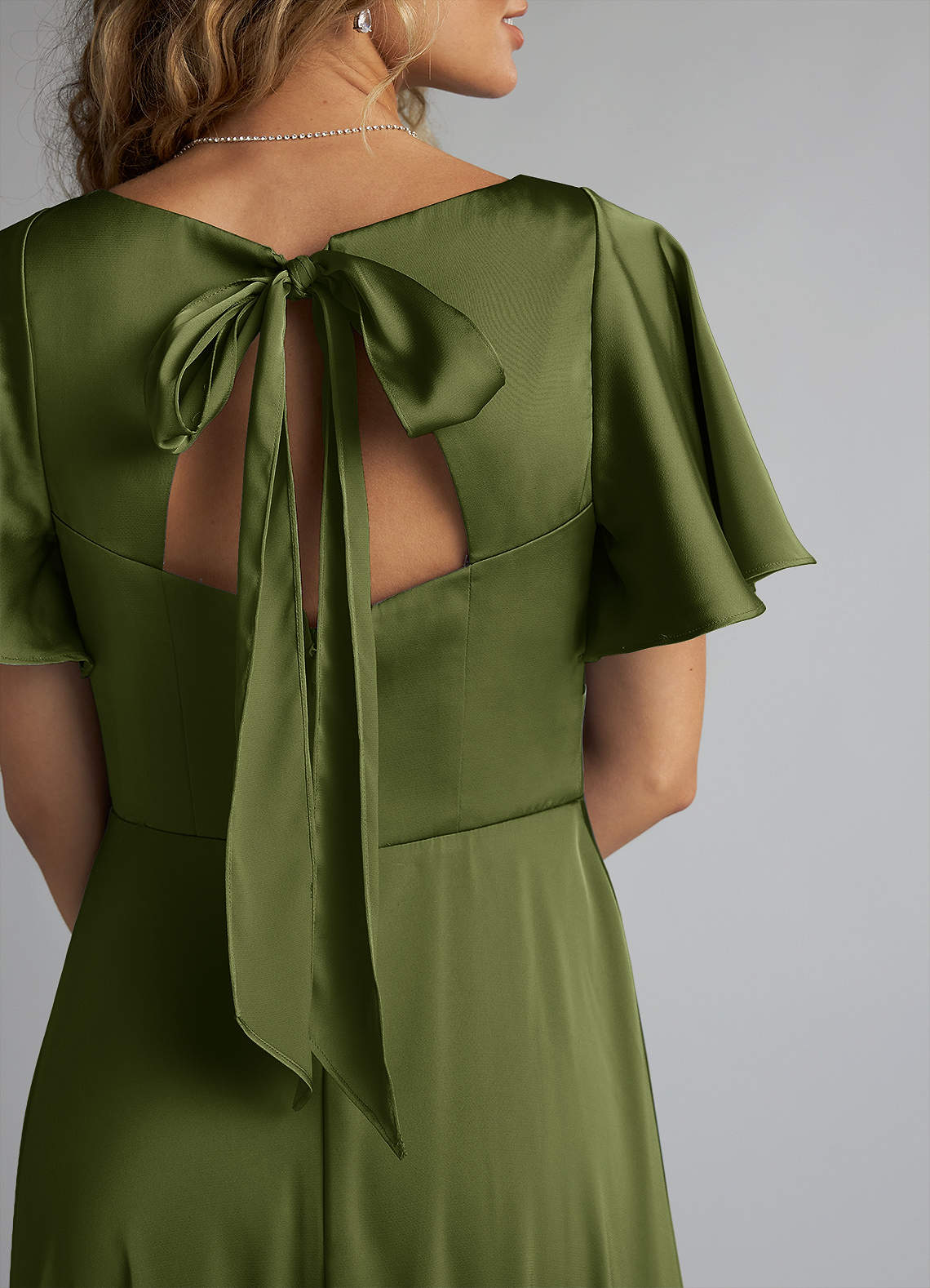 Azazie Kimber Bridesmaid Dresses Olive A-Line Ruched Stretch Satin Dress image4