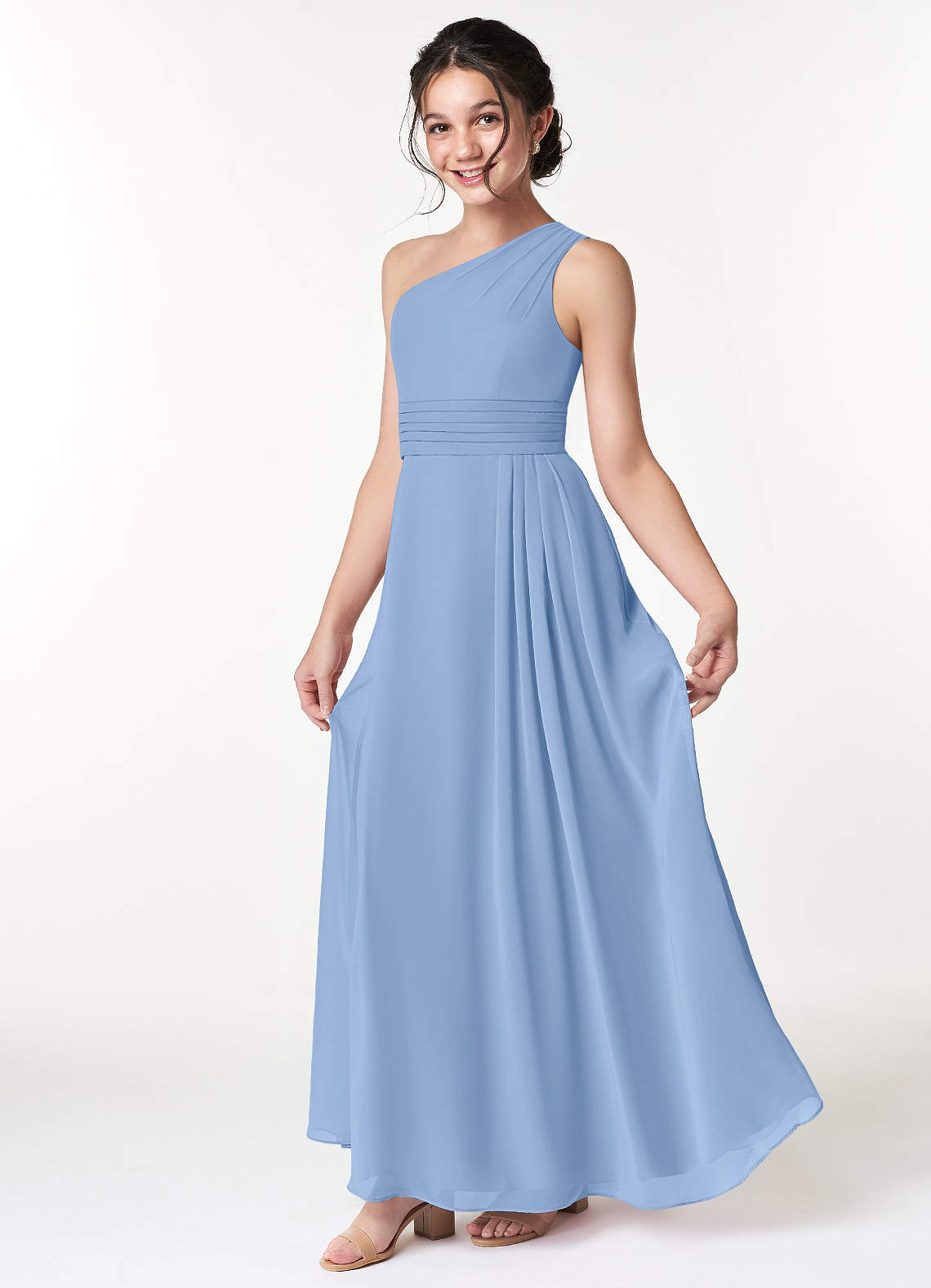 Azazie Cleo Steel Blue A-Line Pleated Chiffon Dress image1