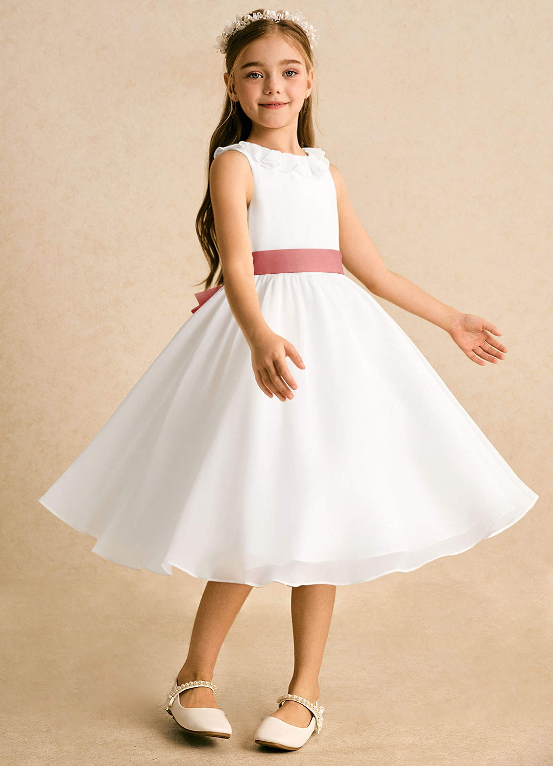 Azazie Dani Flower Girl Dresses Ivory Antique Rose A-Line Bow Chiffon Dress image4