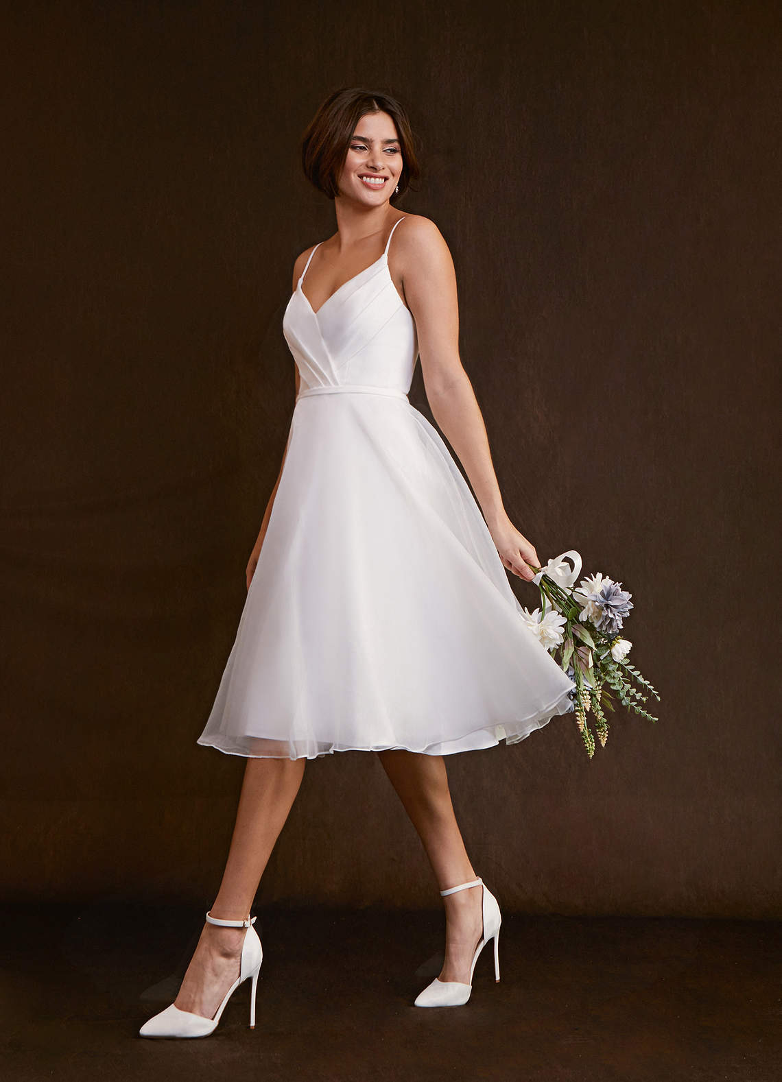 Azazie Ardea Wedding Dresses Diamond White A-Line V-Neck Pleated Stretch Crepe Dress image3