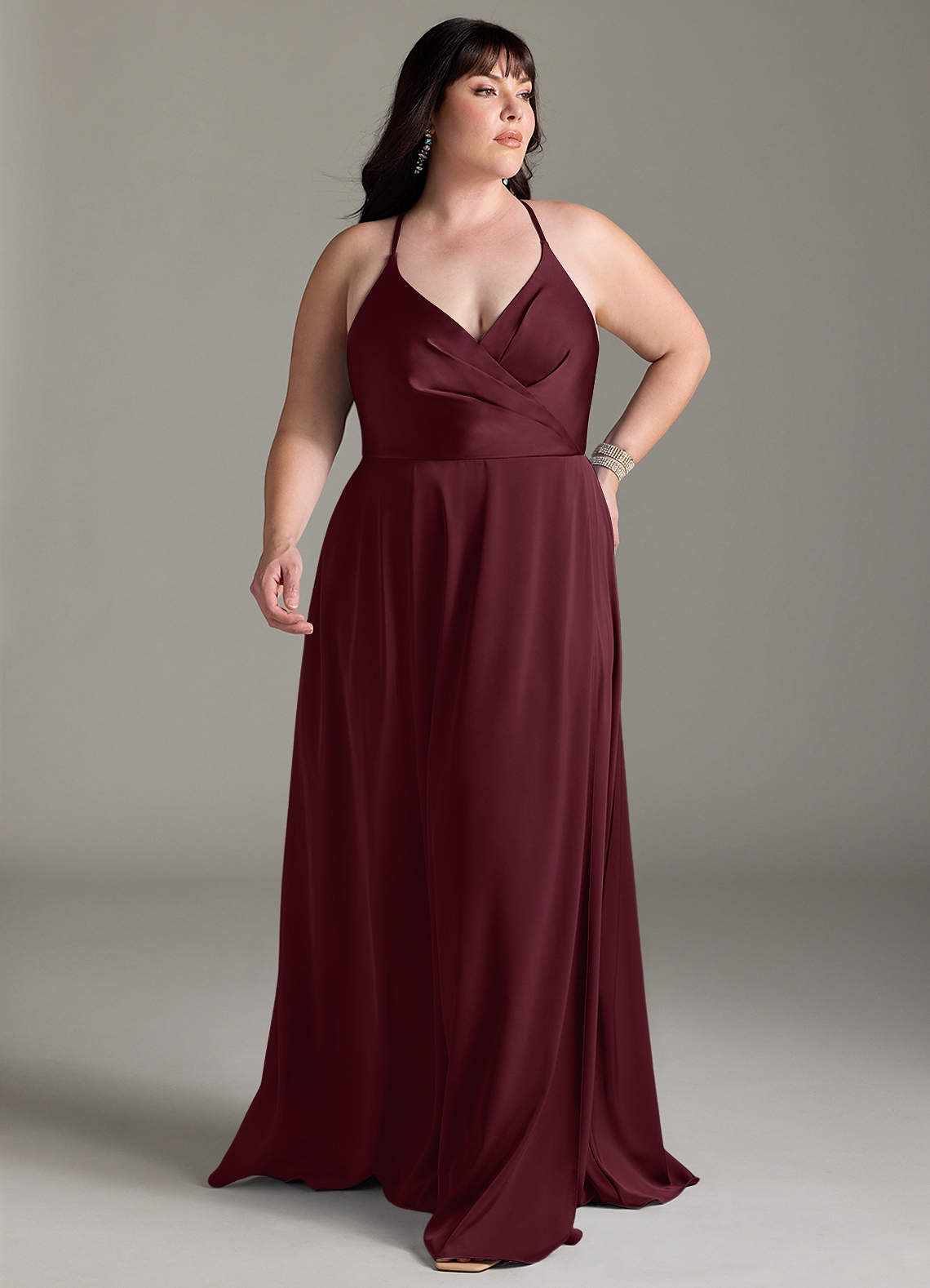 Azazie Davis Bridesmaid Dresses Cabernet A-Line Pleated Stretch Satin Dress image1