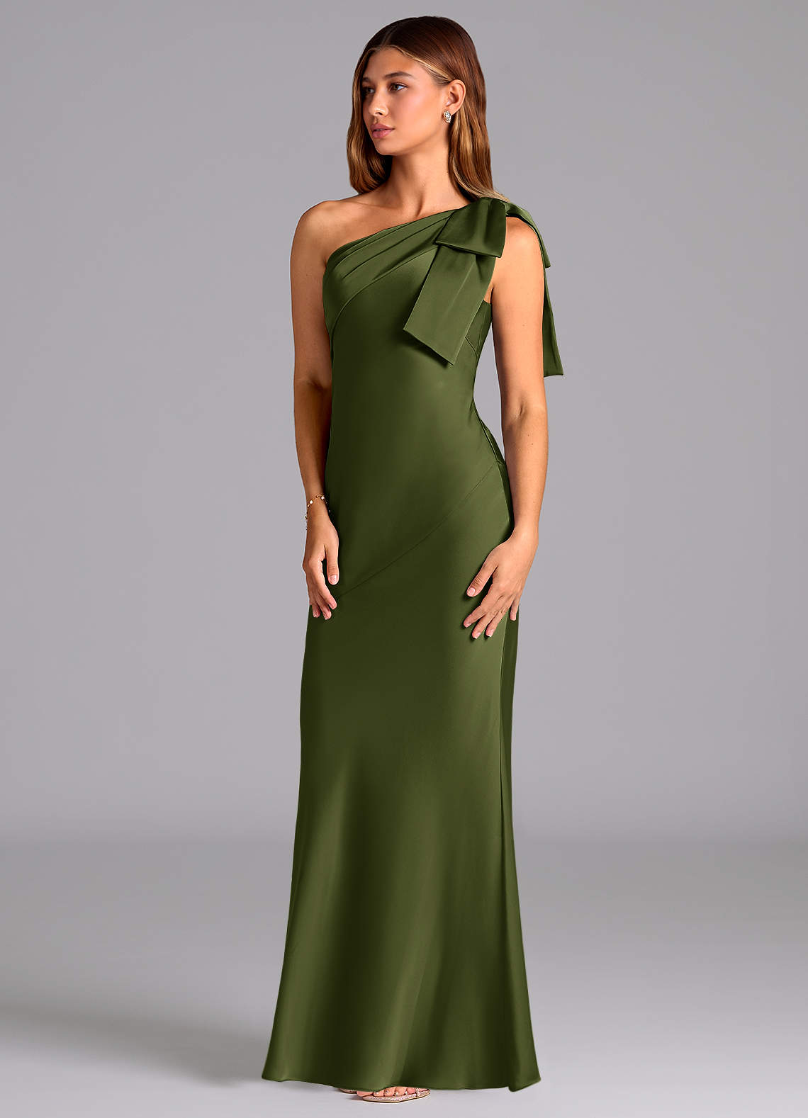 Azazie Yuanna Bridesmaid Dresses Olive Mermaid One Shoulder Stretch Satin Dress image3
