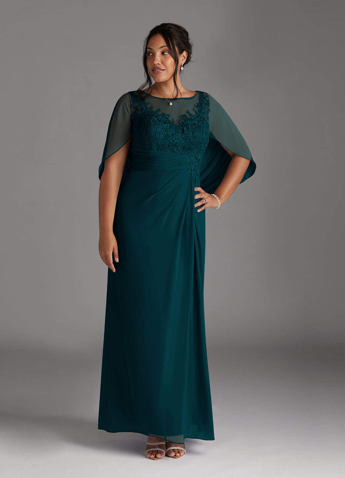 Azazie Hera Mother of the Bride Dresses Pine A-Line Lace Capelet Chiffon Dress image5