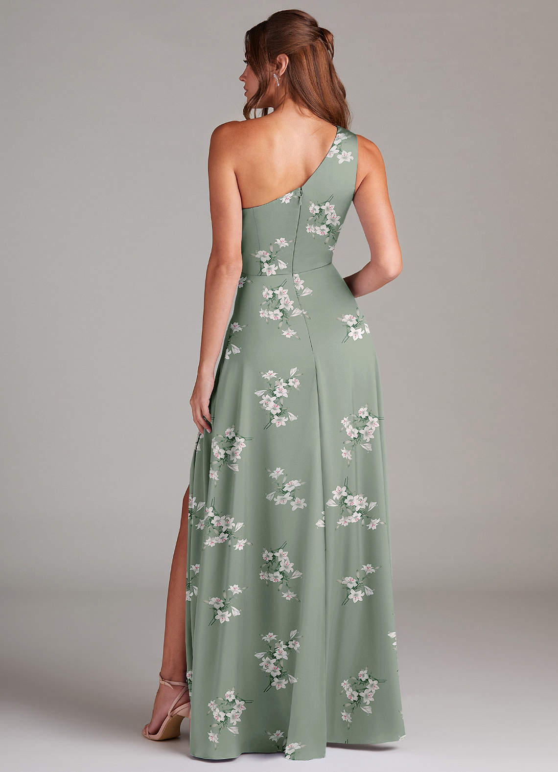 Azazie Brooke Bridesmaid Dresses Agave Lilly Floral A-Line One Shoulder Stretch Satin Dress image6