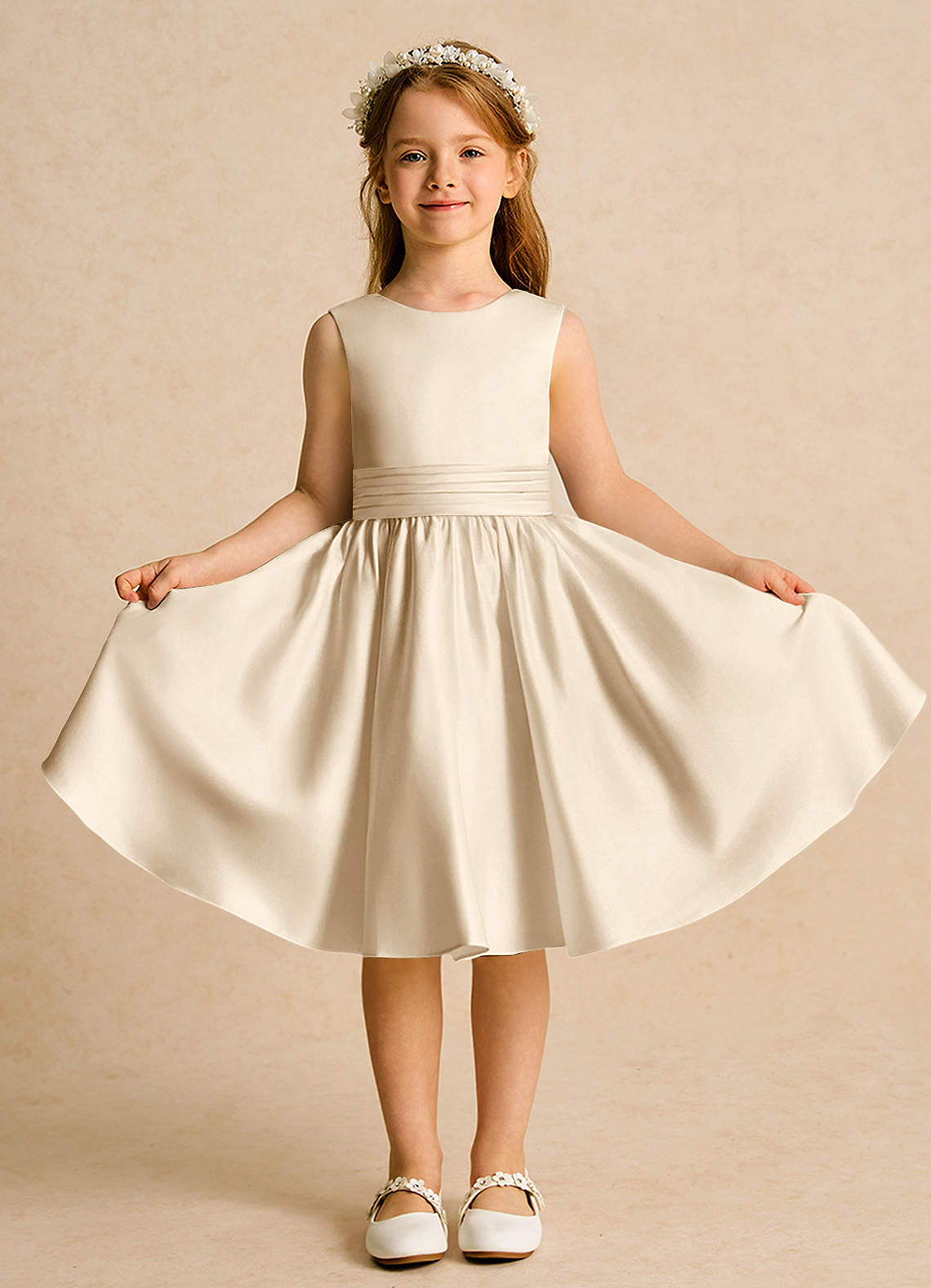 Azazie Sosie Flower Girl Dresses Champagne Champagne A-Line Pleated Matte Satin Dress image1