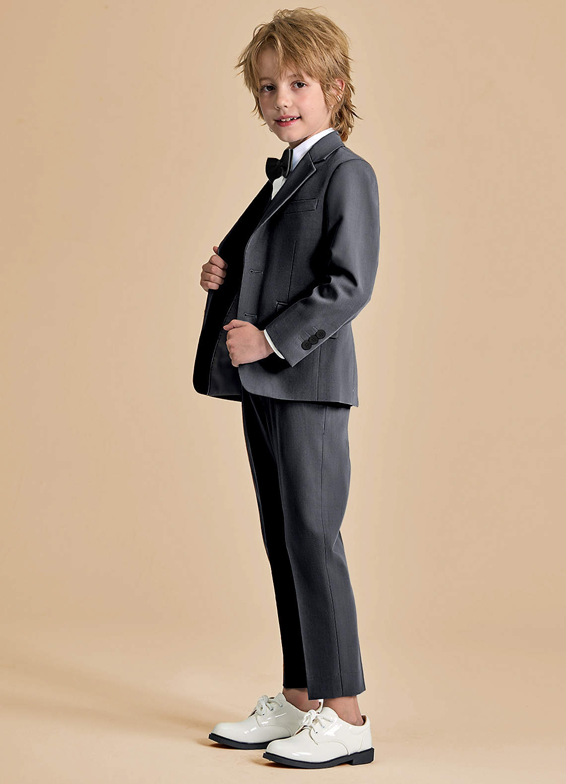 front Oliver Boys Charcoal 5-Piece Suit With Bow Tie