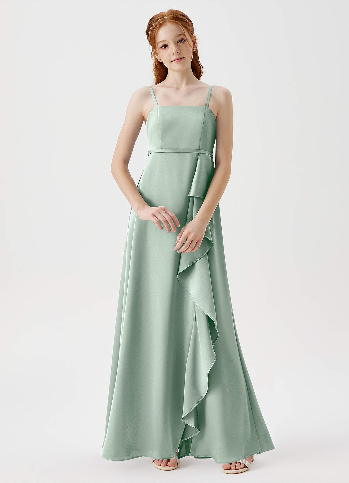 Azazie Kaylee Junior Robe Trapèze en Satin extensible avec ceinture Agave image1
