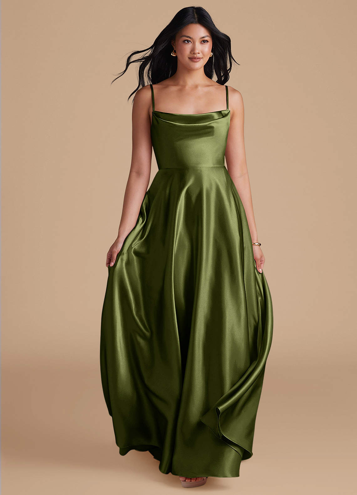 slim fit dress slacks Olive Green Satin Maxi Evening Dress SOLENE