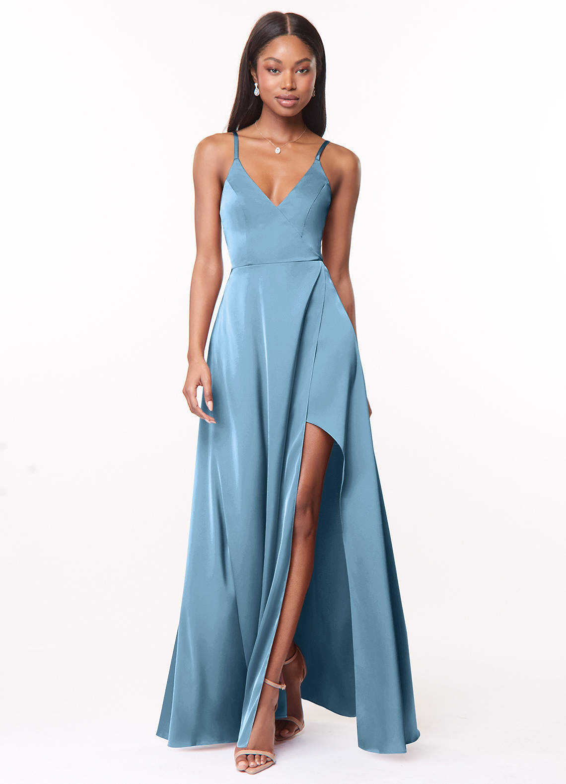 Azazie Maksim Bridesmaid Dresses Steel Blue A-Line V-Neck Stretch Satin Dress image1