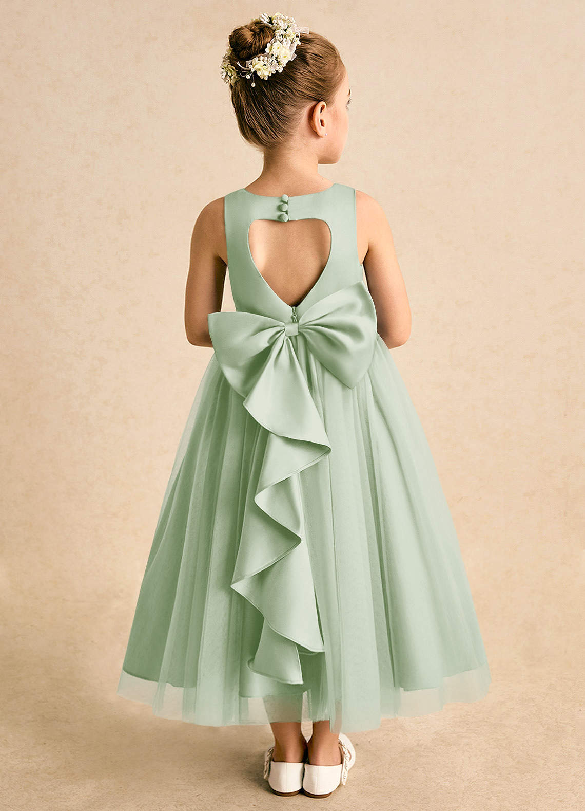 Azazie Solia Flower Girl Dresses Dusty Sage Ball-Gown Bow Tulle Dress image1