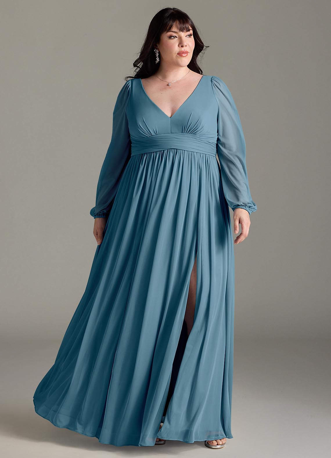 Azazie Norah Brautjungfernkleider A-Linie Lange Ärmel mit V-Ausschnitt Chiffon Kleid Bermudablau image1