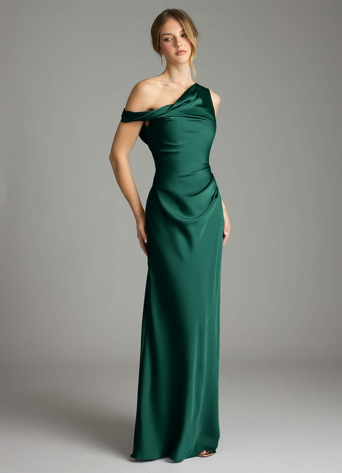 Azazie Emerson Bridesmaid Dresses Emerald Mermaid Off the Shoulder Stretch Satin Dress image4