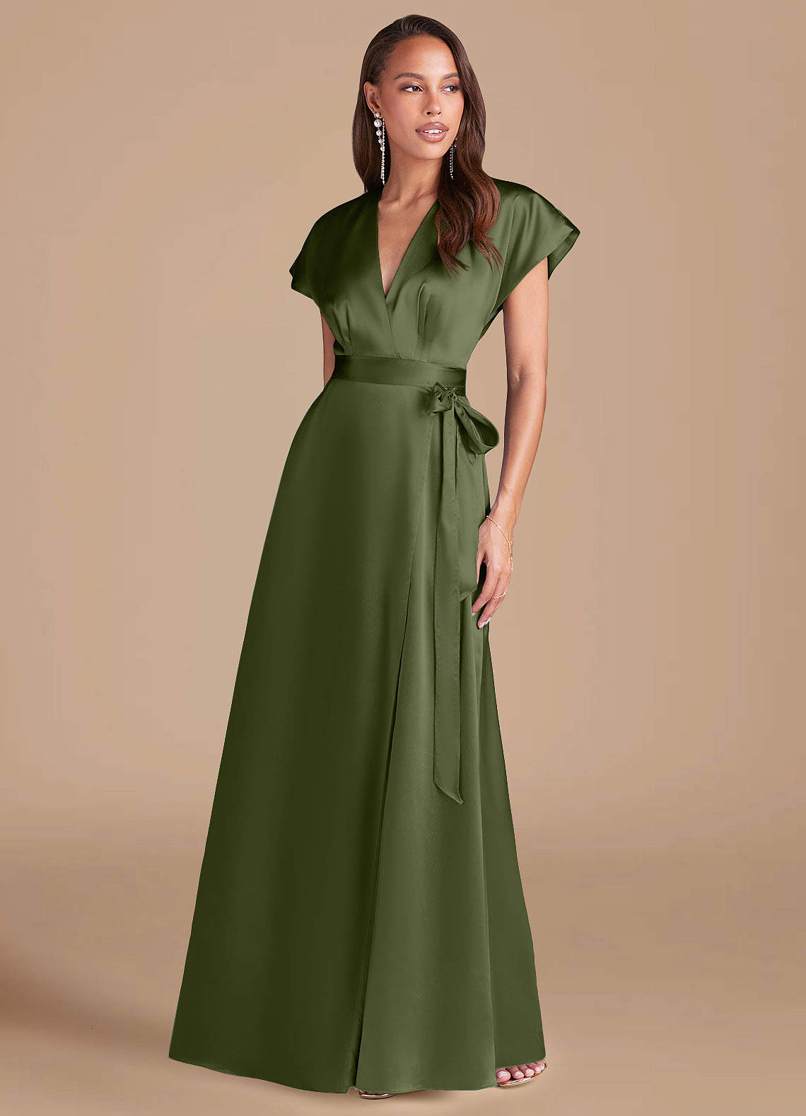Azazie Nico Bridesmaid Dresses Olive A-Line Pleated Metallic Satin Dress image1