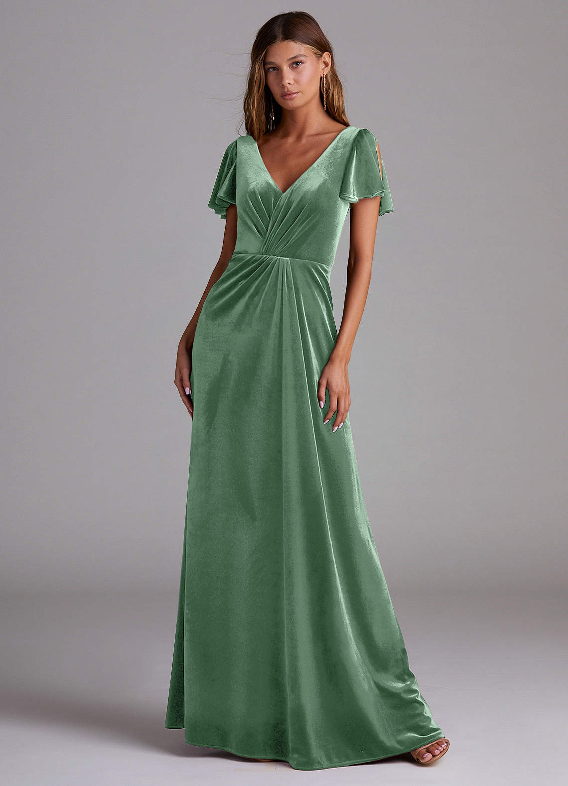 Azazie Soren Robes de demoiselle d'honneur Robe Trapèze en velours Eucalyptus image1