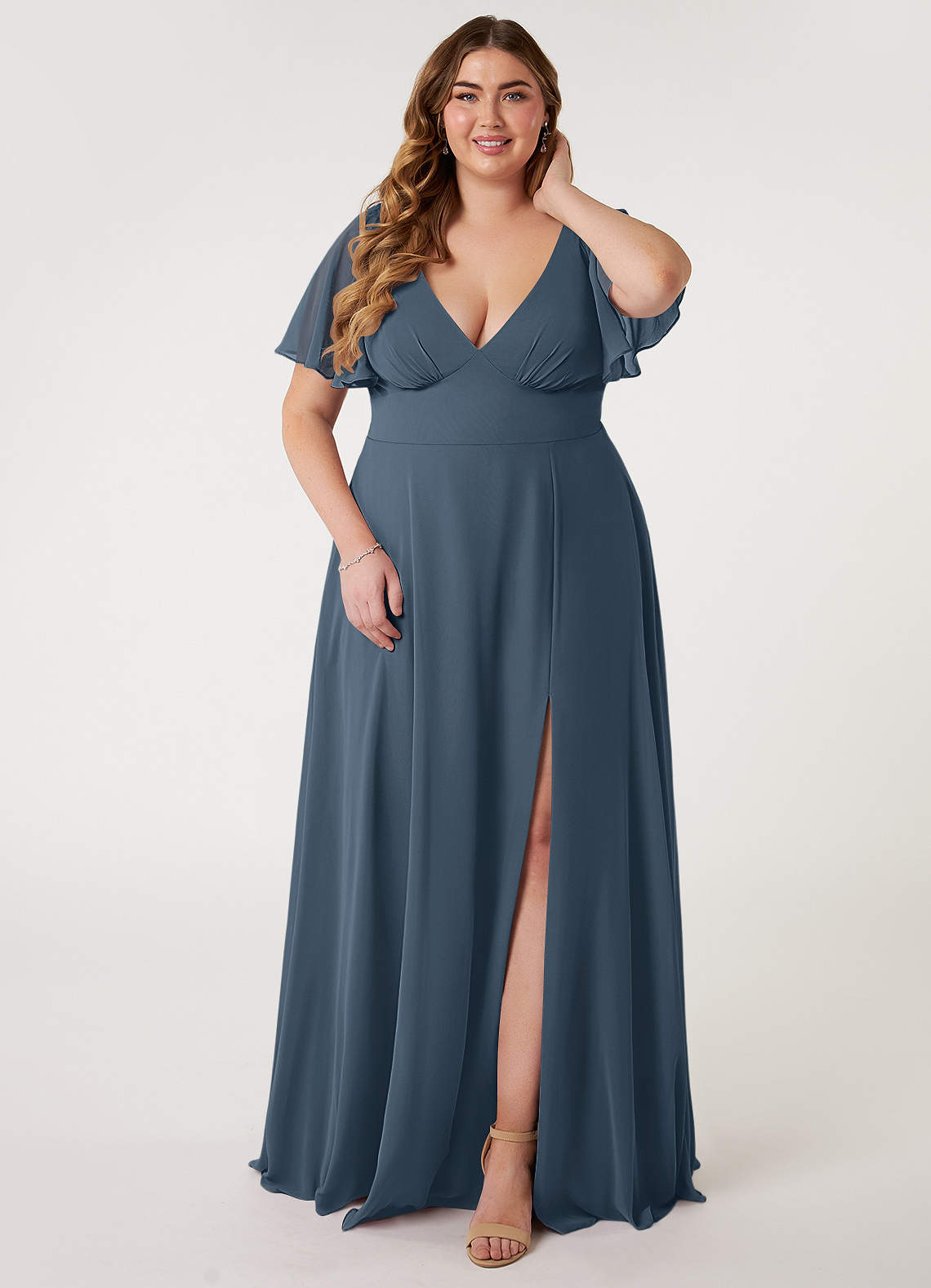 Azazie Kimber Bridesmaid Dresses Neptune A-Line Flounce Sleeve Chiffon Dress image1