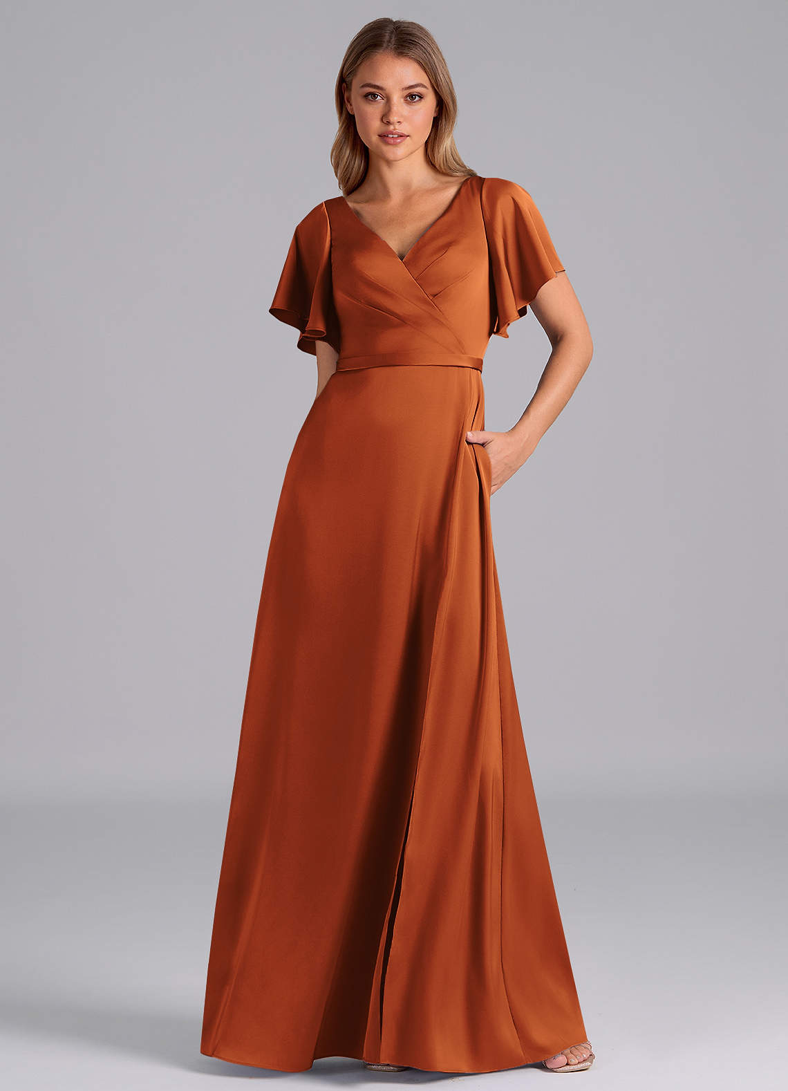 bridal bridesmaid dresses Burnt Orange Chiffon Midi Wrap Bridesmaid Dress 2020 with Long Sleeves Custom Color / 12