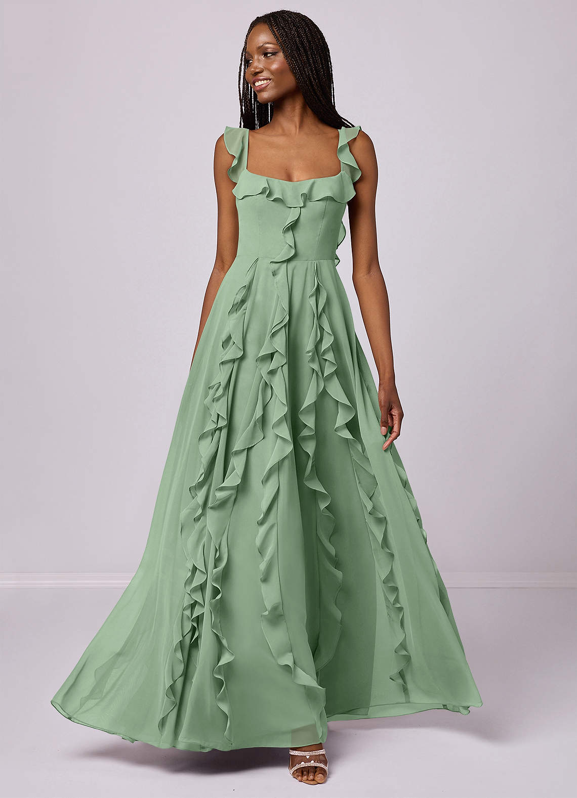 Barbie ♥ Azazie Brautjungfernkleider A-Linie mit Taschen Chiffon Kleid Matcha image1