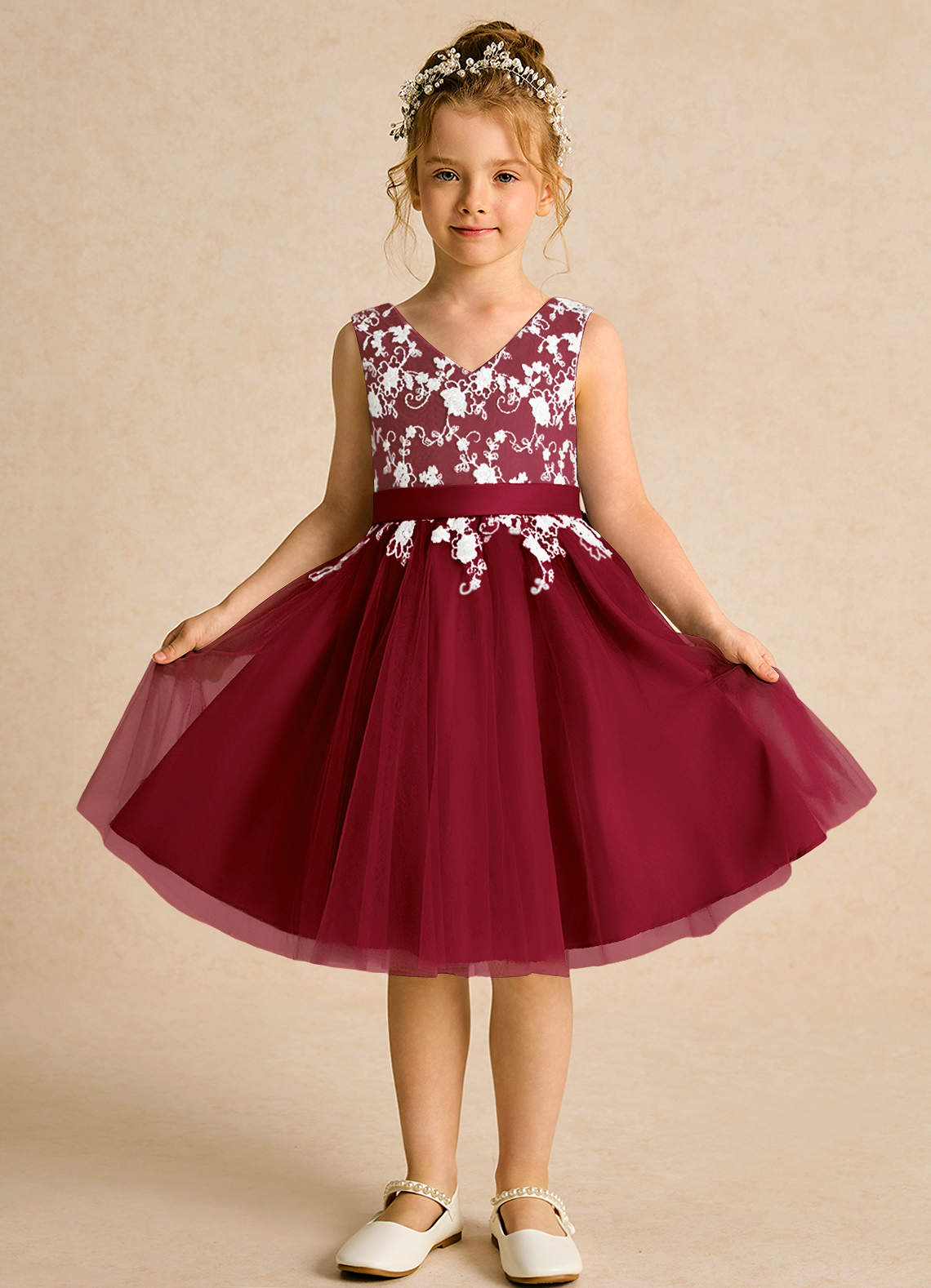 Azazie Butterfly Flower Girl Dresses Burgundy A-Line Lace Dress image1