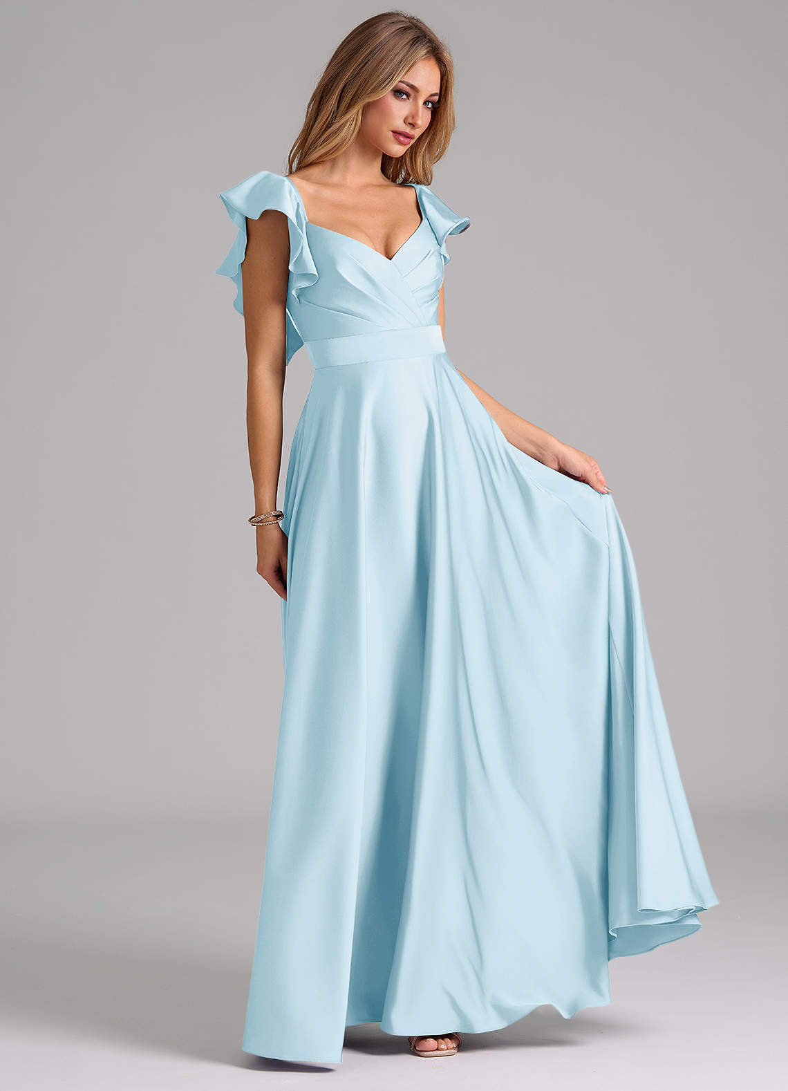 Azazie Leilani Bridesmaid Dresses Sky Blue A-Line Ruched Stretch Satin Dress image3
