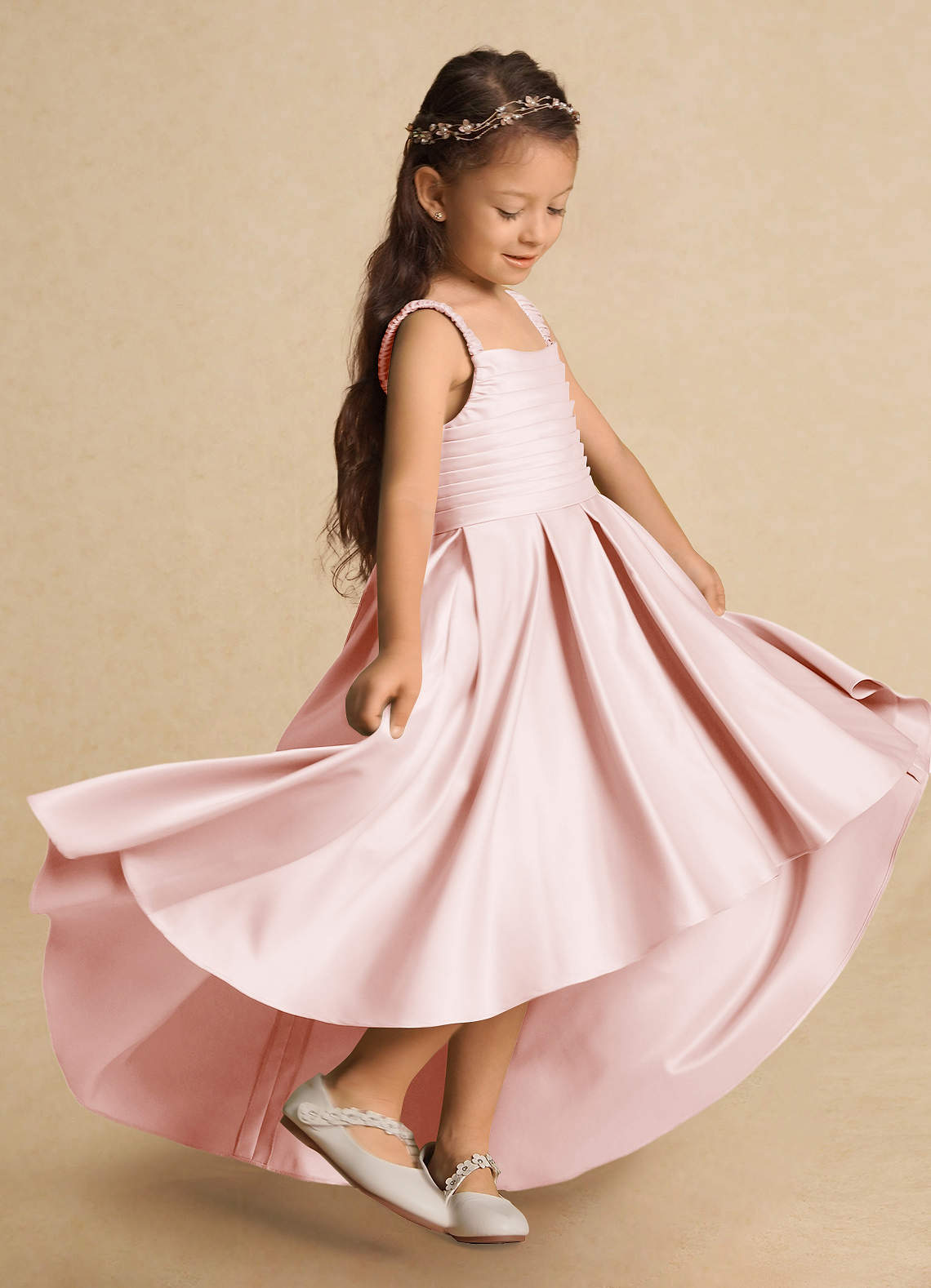 Azazie Kat Flower Girl Dresses Blushing Pink A-Line Pleated Matte Satin Dress image1
