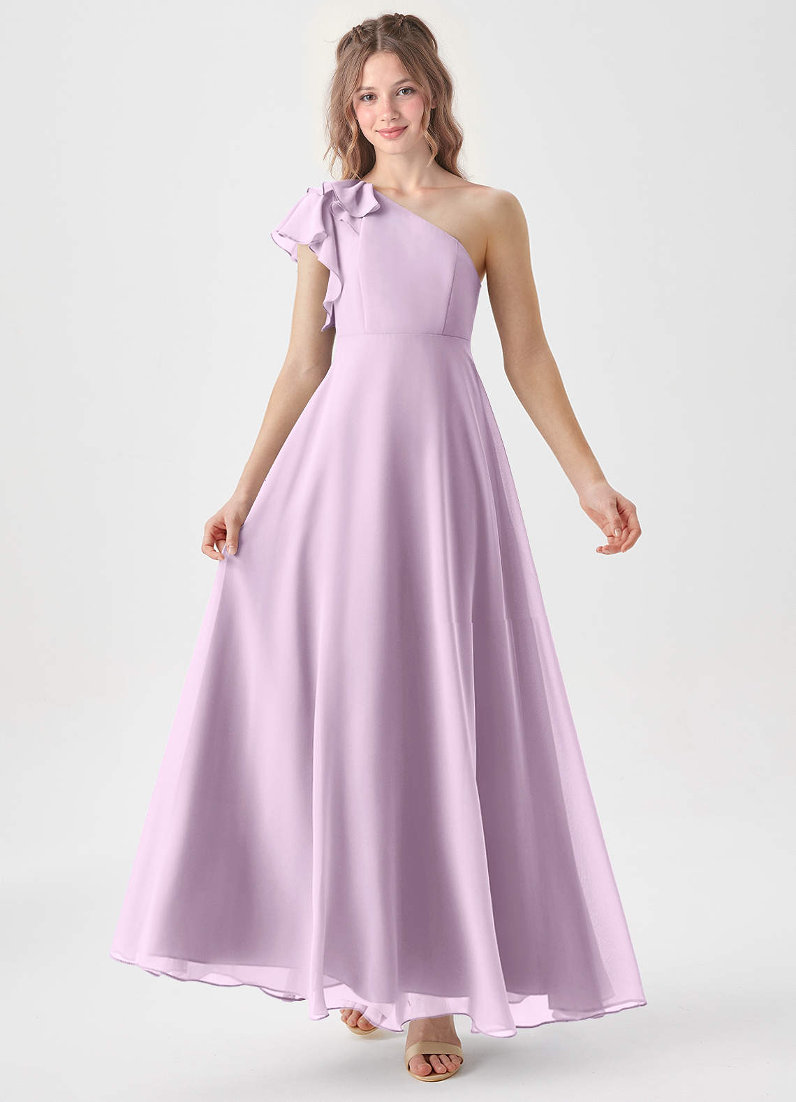 Azazie Arabella Junior Frosted Lilac A-Line Ruched Chiffon Dress image1