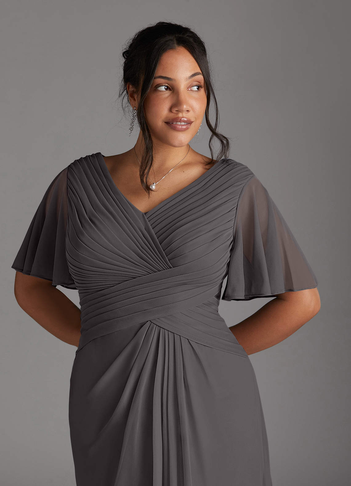 Azazie Emmeline Mother of the Bride Dresses Steel Grey A-Line V-Neck Pleated Mesh Dress image9