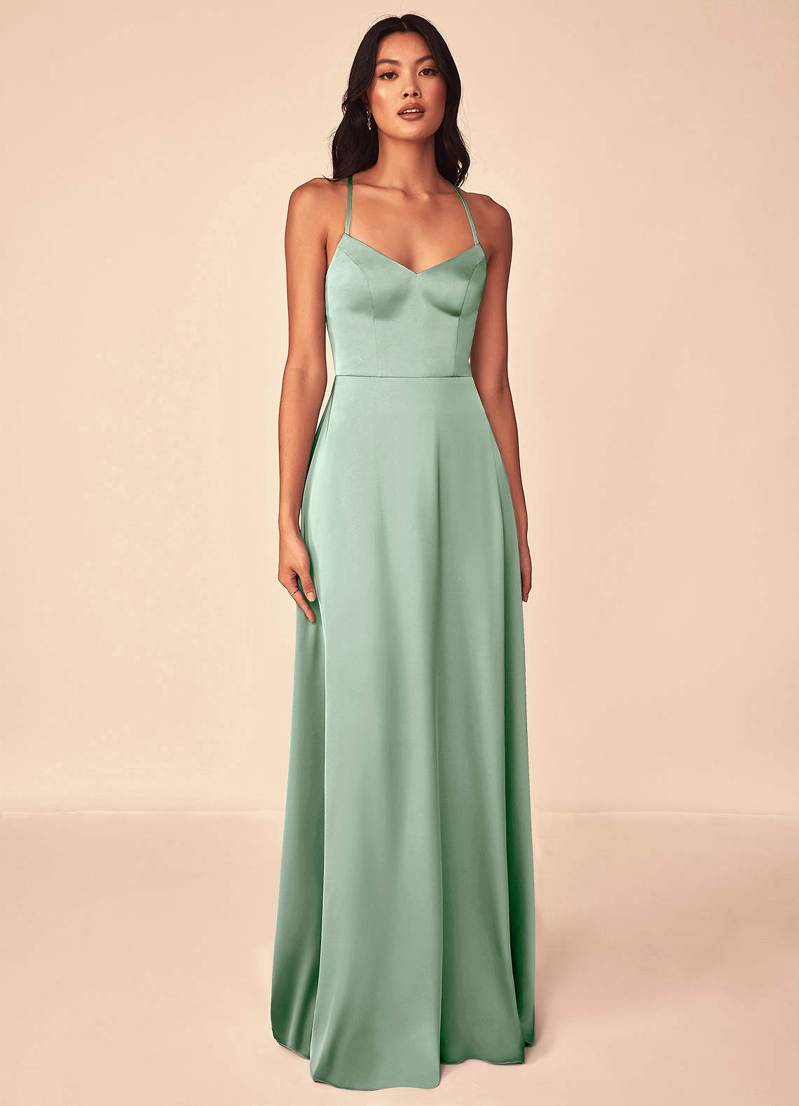 Azazie Mei Bridesmaid Dresses Agave A-Line V-Neck Stretch Satin Dress image1