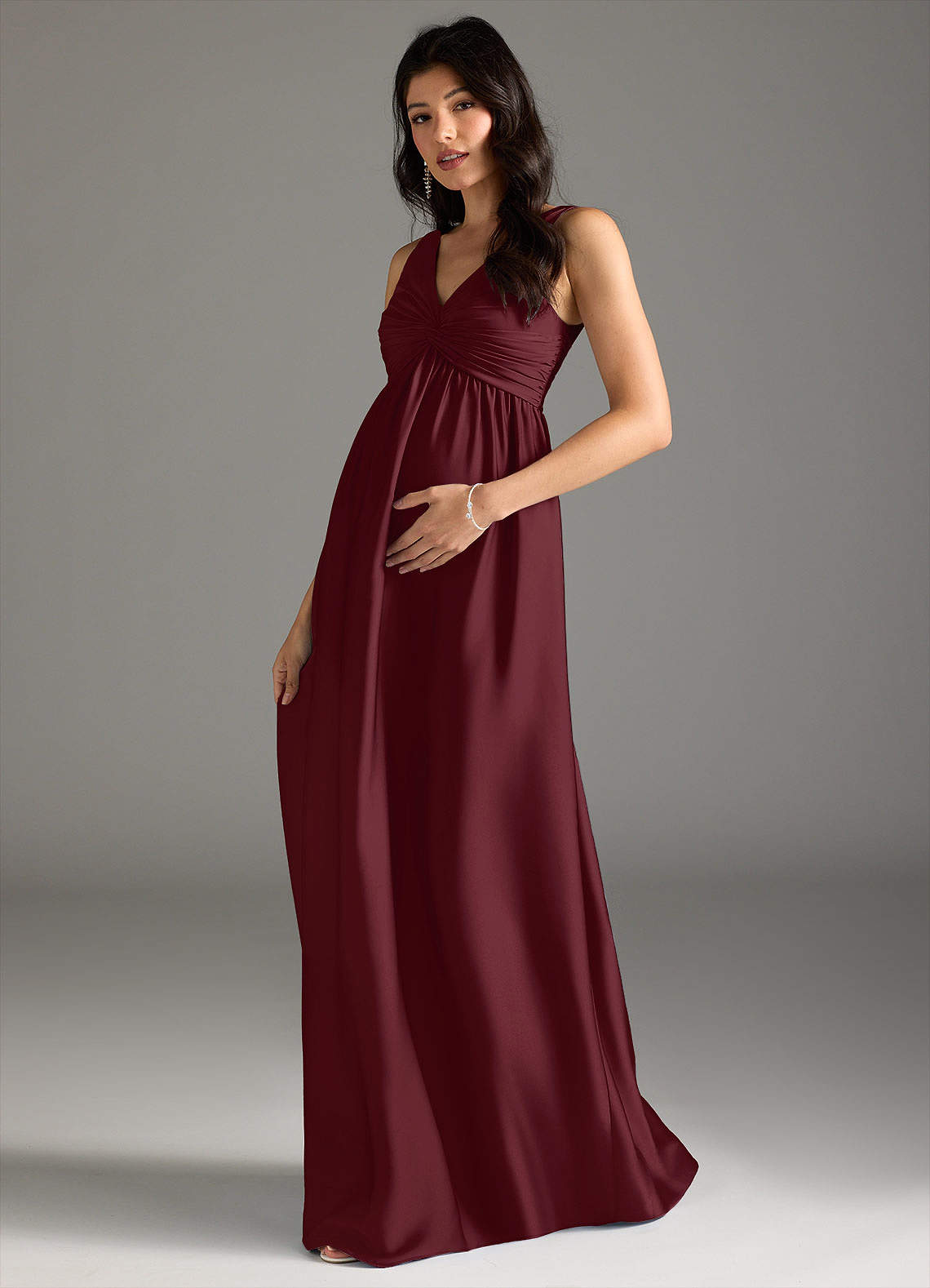 Azazie Yetta Maternity Bridesmaid Dresses A-Line Pleated Stretch Satin Floor-Length Dress image1