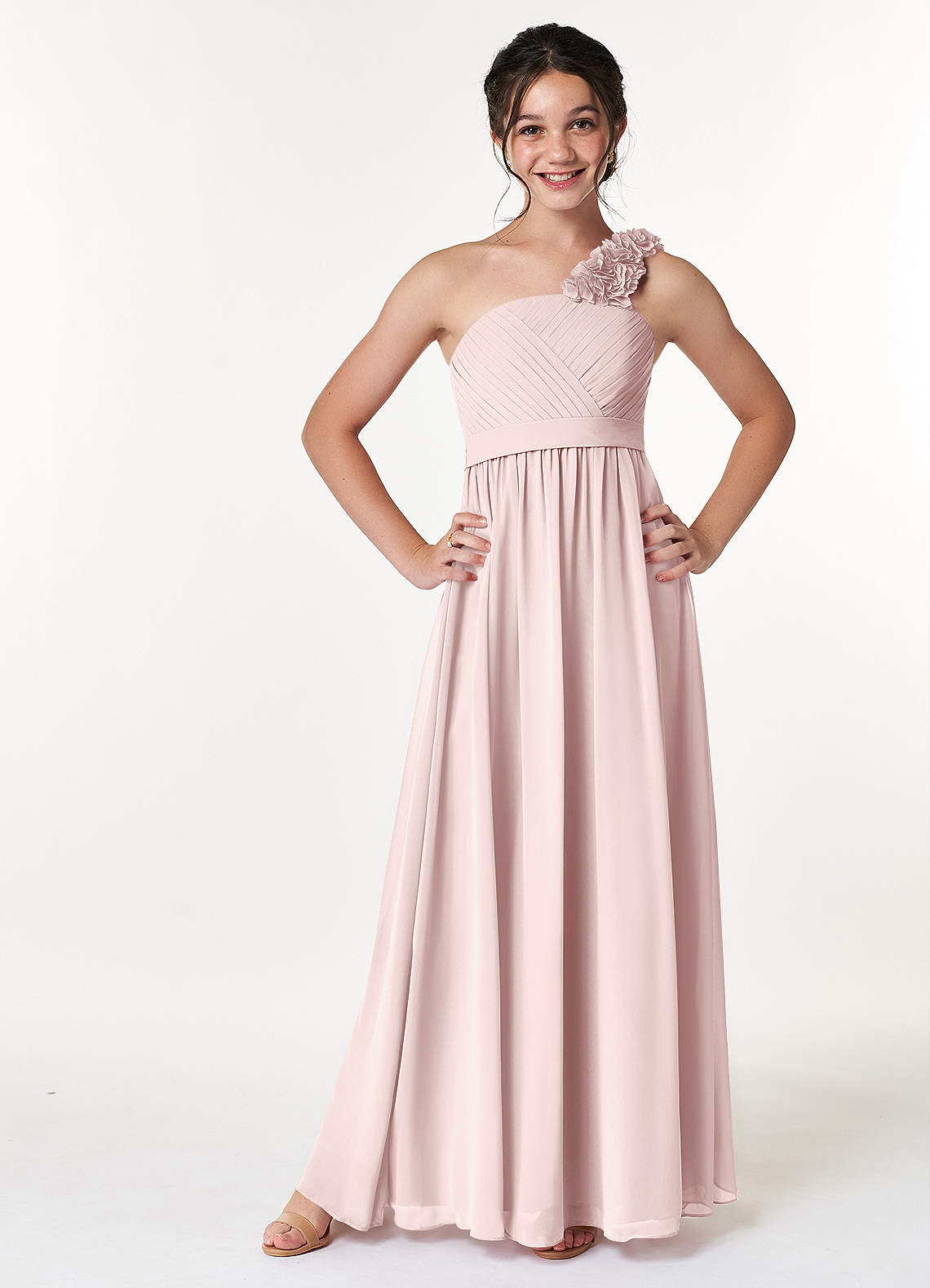 Azazie Flower Junior Blushing Pink A-Line Pleated Chiffon Dress image1