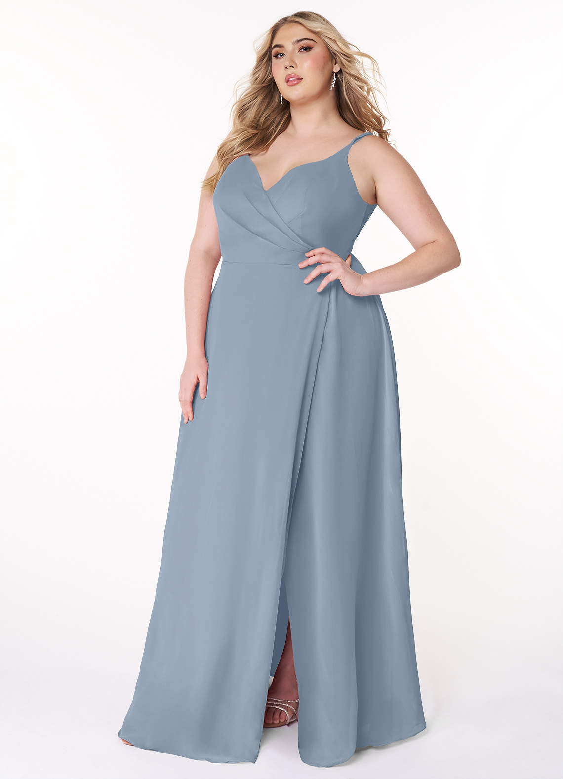 Azazie Lennon Vestidos de madrinha de casamento Vestido Azul Empoeirado de Chiffon de Linha A com Renda image9