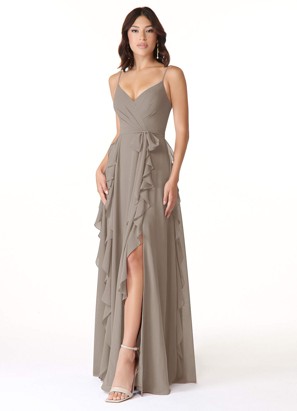 Azazie Peyton Bridesmaid Dresses Taupe A-Line Ruched Chiffon Dress image1