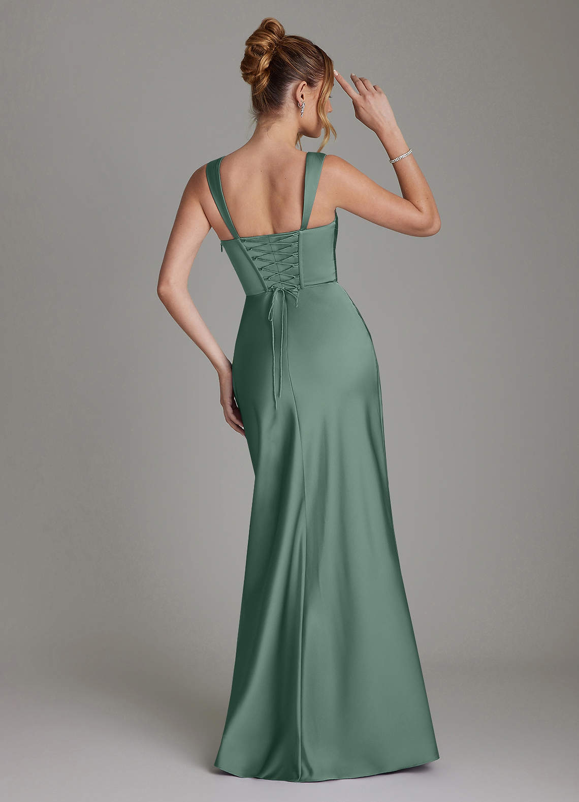 Azazie Agustina Bridesmaid Dresses Eucalyptus Mermaid Corset Stretch Satin Dress image1