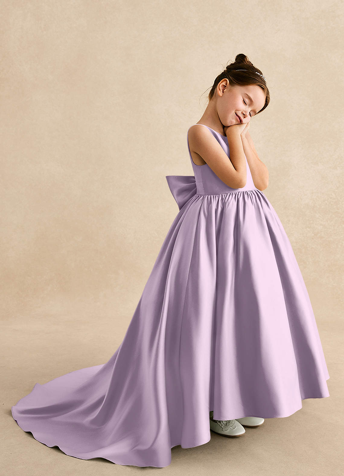 Azazie Mimia Robe Demoiselle D'honneur Fillette Robe Trapèze en Mat Satiné Arc Frostiges Flieder image3