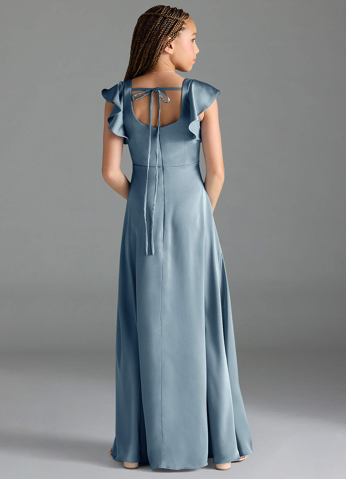 Azazie Bondi Junior Dusty Blue A-Line Side Slit Stretch Satin Dress image1