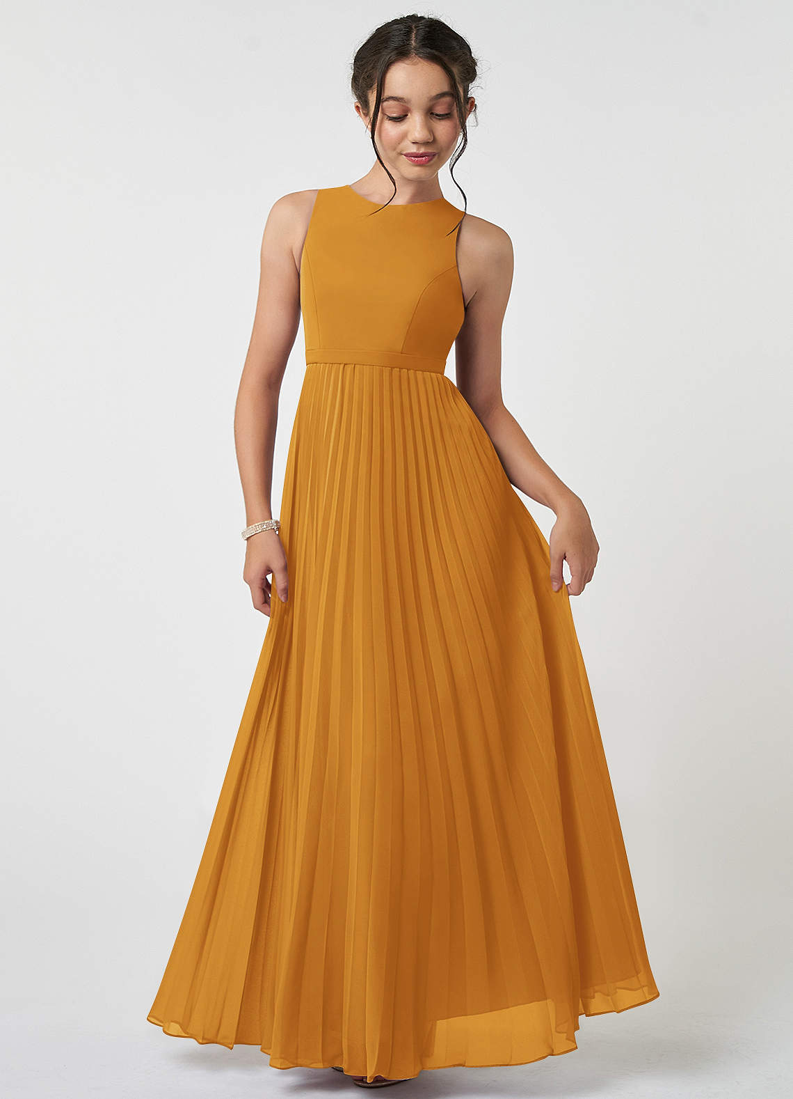 Azazie Lindie Junior Butterscotch A-Line Pleated Chiffon Dress image1