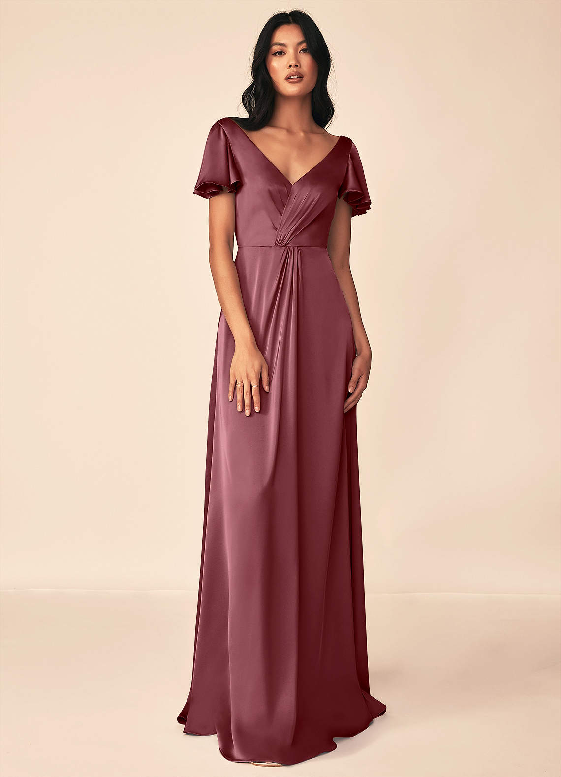 Azazie Soren Bridesmaid Dresses Desert Rose A-Line Pleated Stretch Satin Dress image1