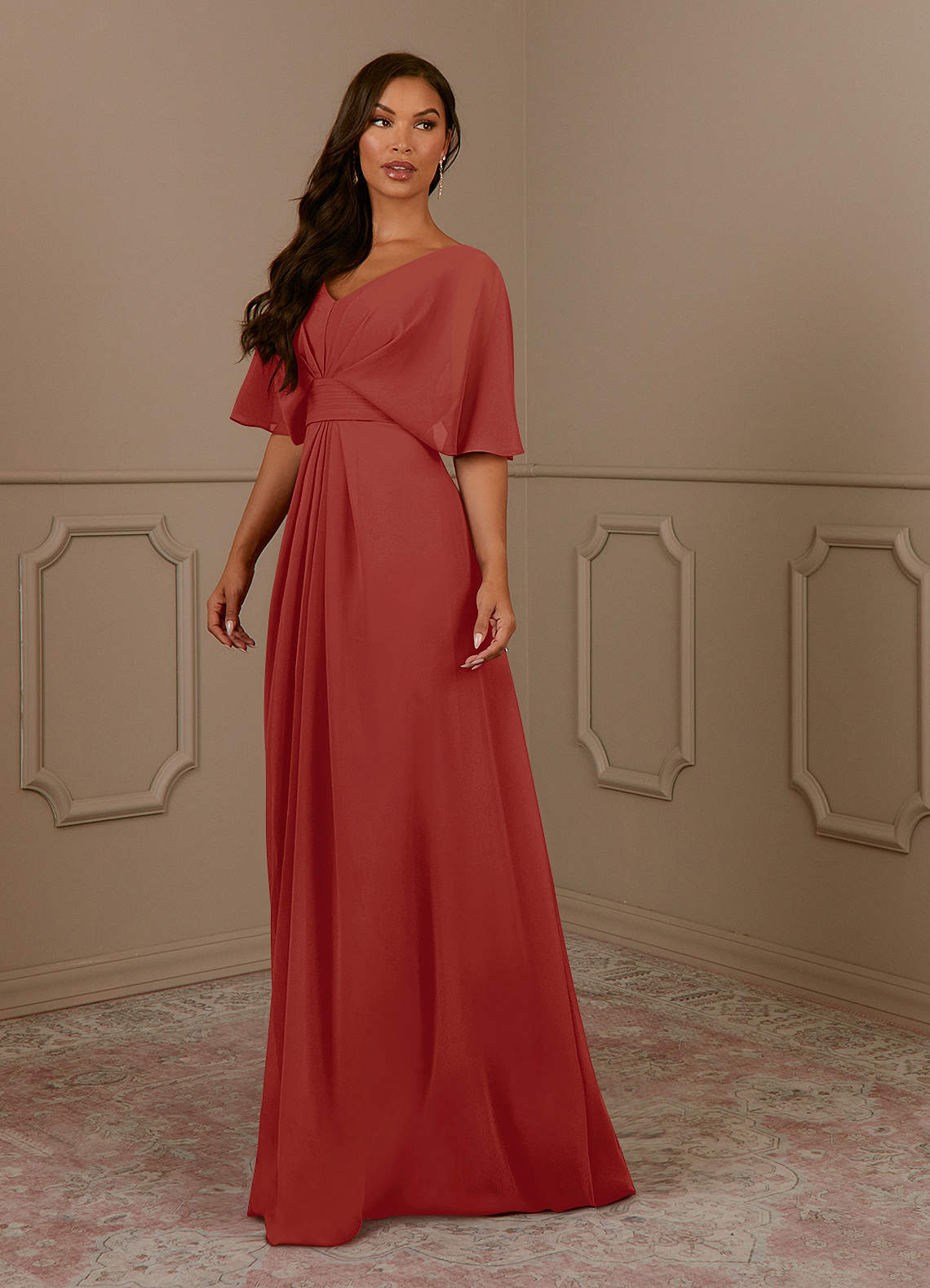 Azazie Oksana Mother of the Bride Dresses Terracotta A-Line V-Neck Pleated Chiffon Dress image1
