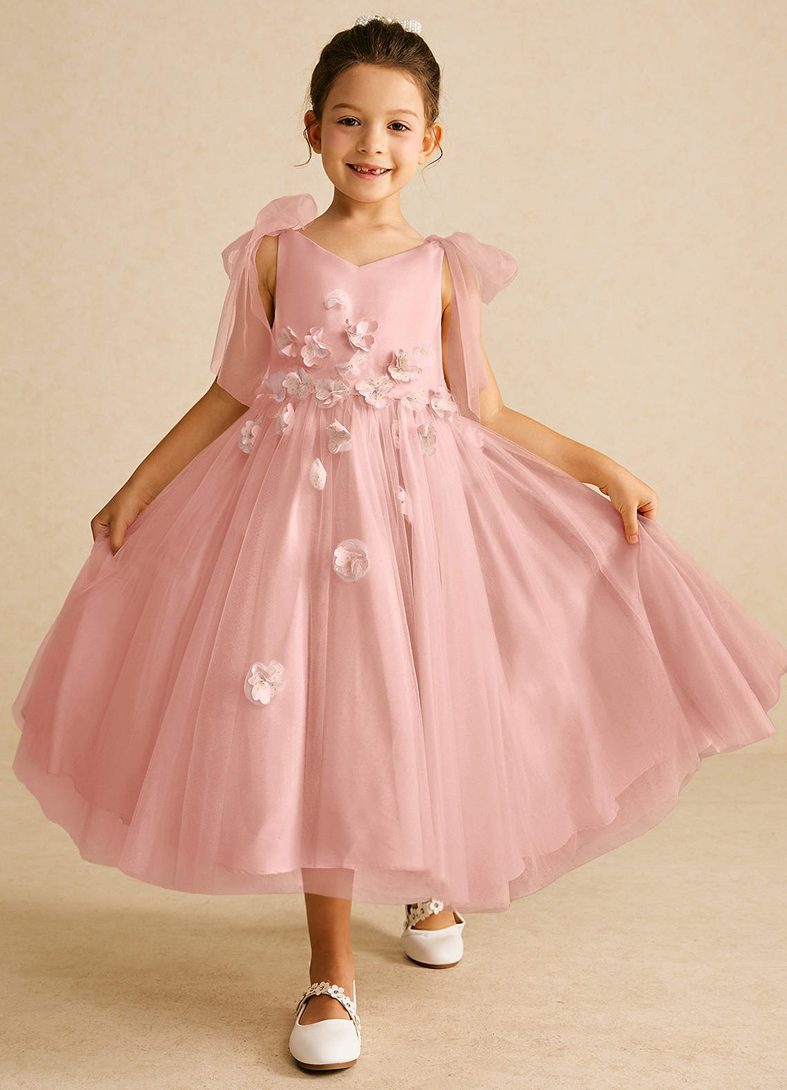 Azazie Minia Flower Girl Dresses Rosette A-Line Bow Matte Satin Dress image1