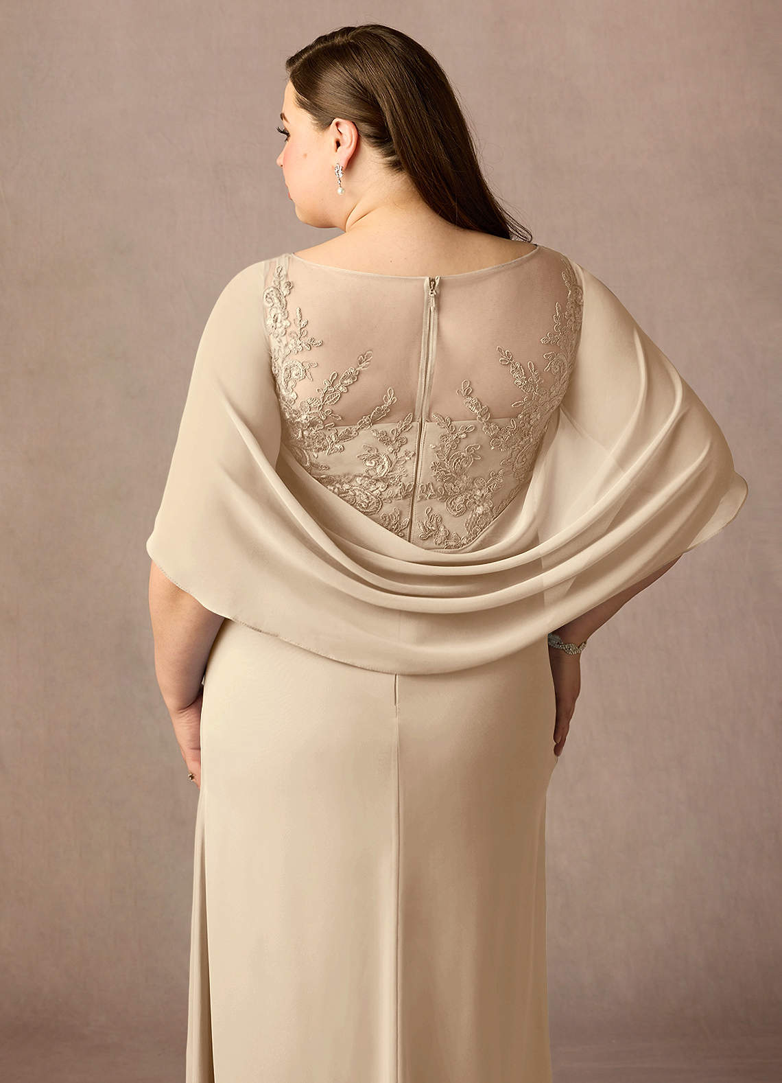 Azazie Hera Mother of the Bride Dresses Champagne A-Line Lace Capelet Chiffon Dress image11