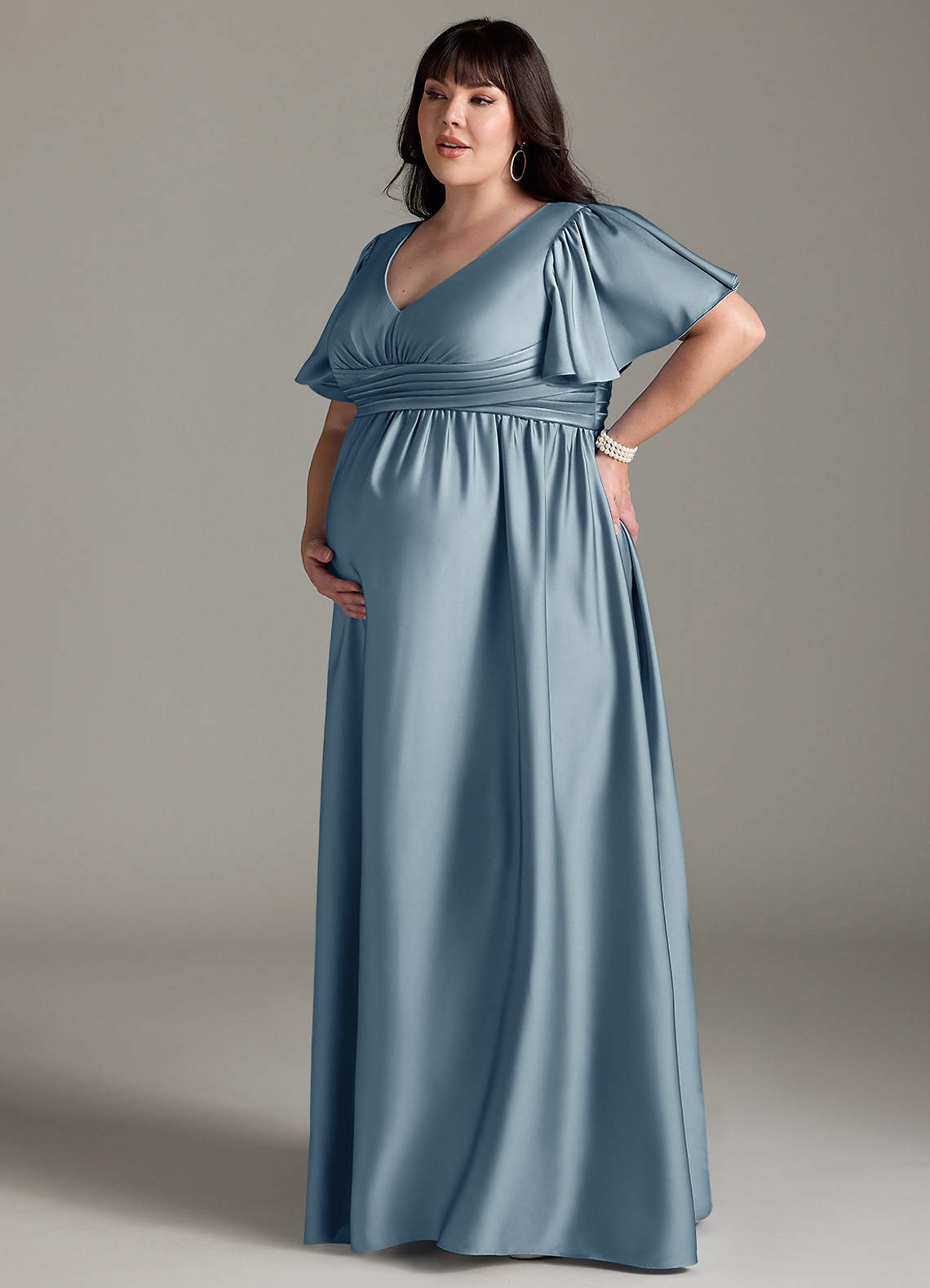 Azazie Verna vestidos de dama de honor de maternidad Vestido de Corte En A Volante Hasta el suelo Satén Elástico image13