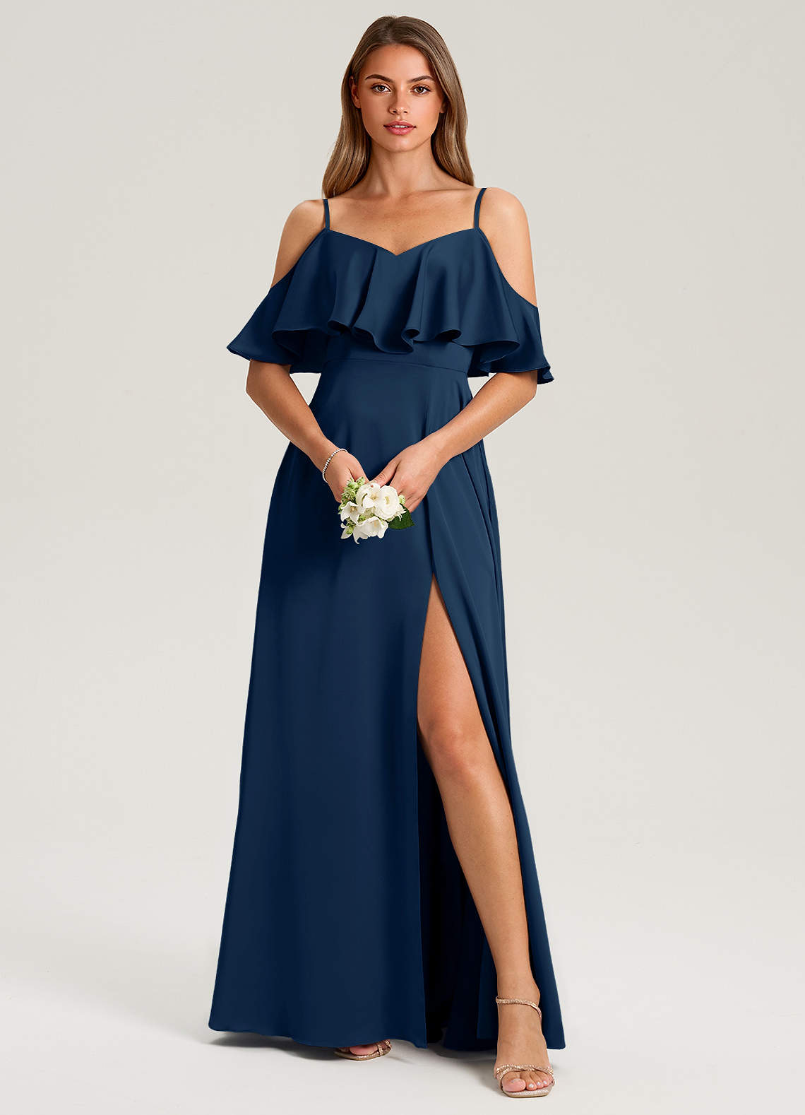 Azazie Jean Bridesmaid Dresses Dark Navy A-Line Off the Shoulder Stretch Satin Dress image1
