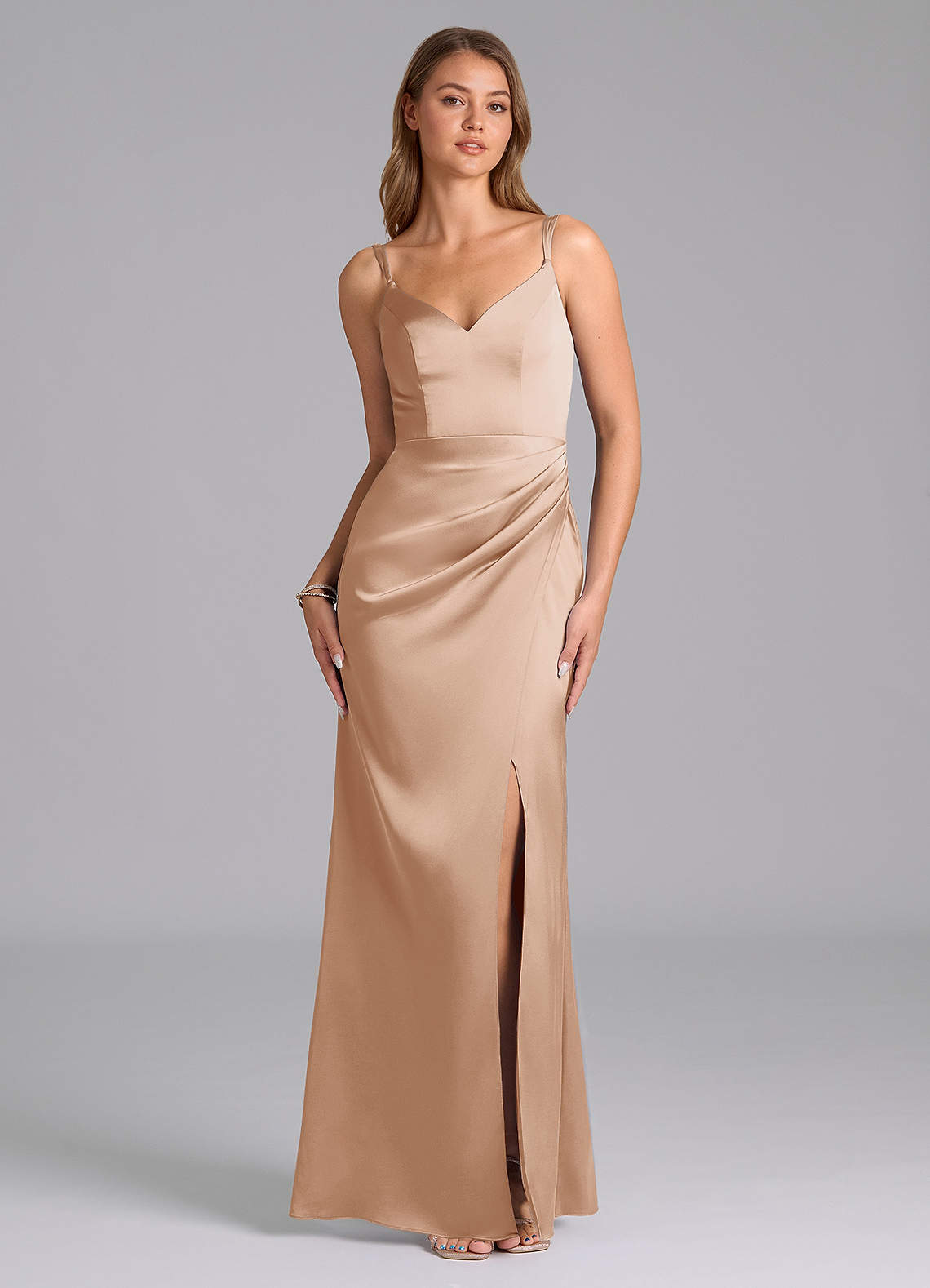 Azazie Leo Bridesmaid Dresses English Rose Sheath Pleated Stretch Satin Dress image1