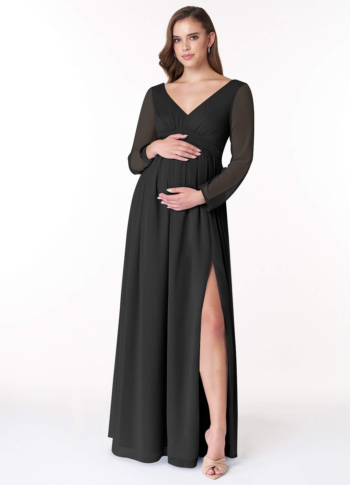 Azazie Teton1 vestidos de dama de honor de maternidad Vestido de Acampanado Manga larga Largo hasta el piso Stretch Satin image1